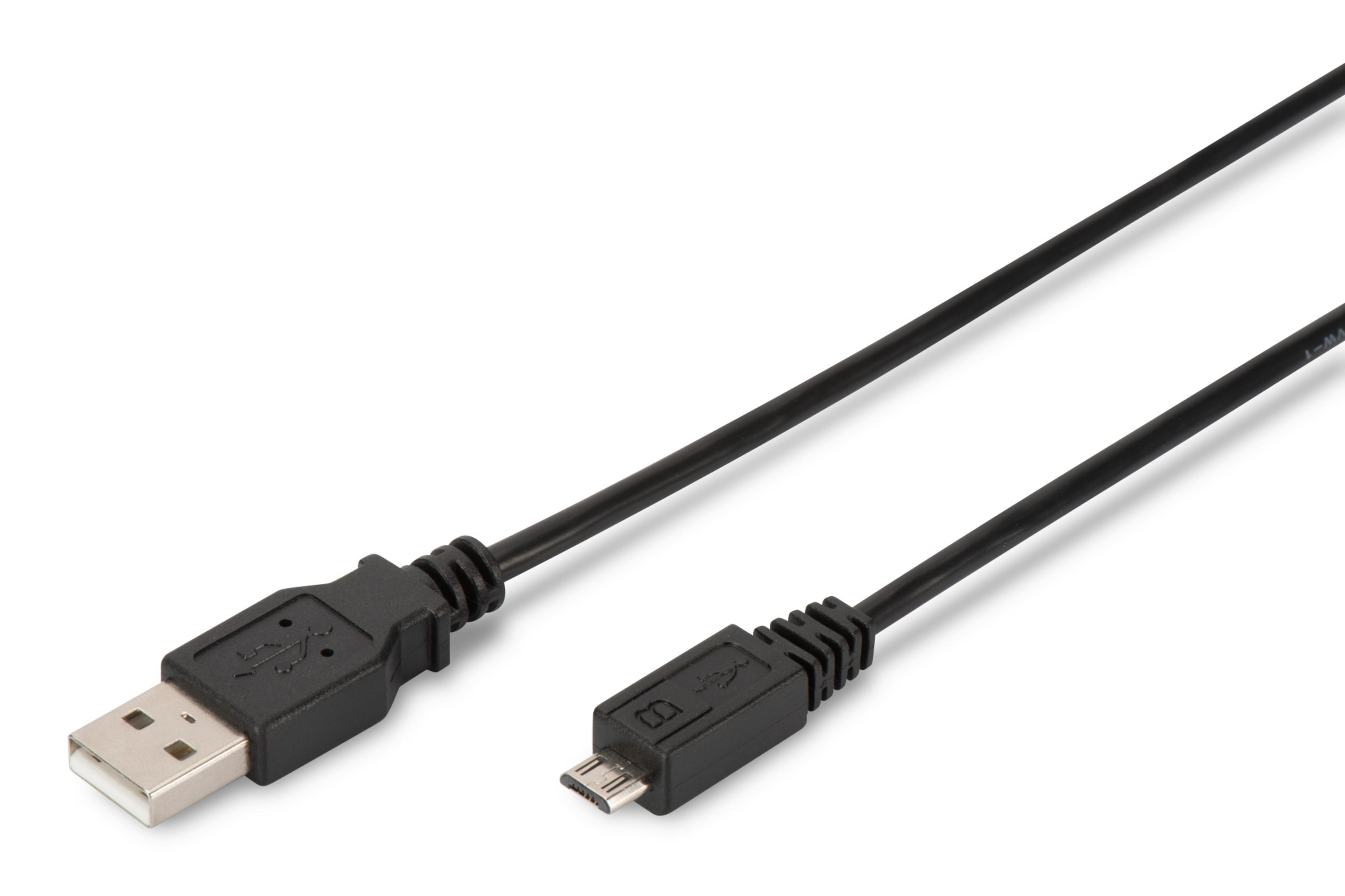 Câble USB vers Micro-USB noir, droit, posé sur une surface blanche.