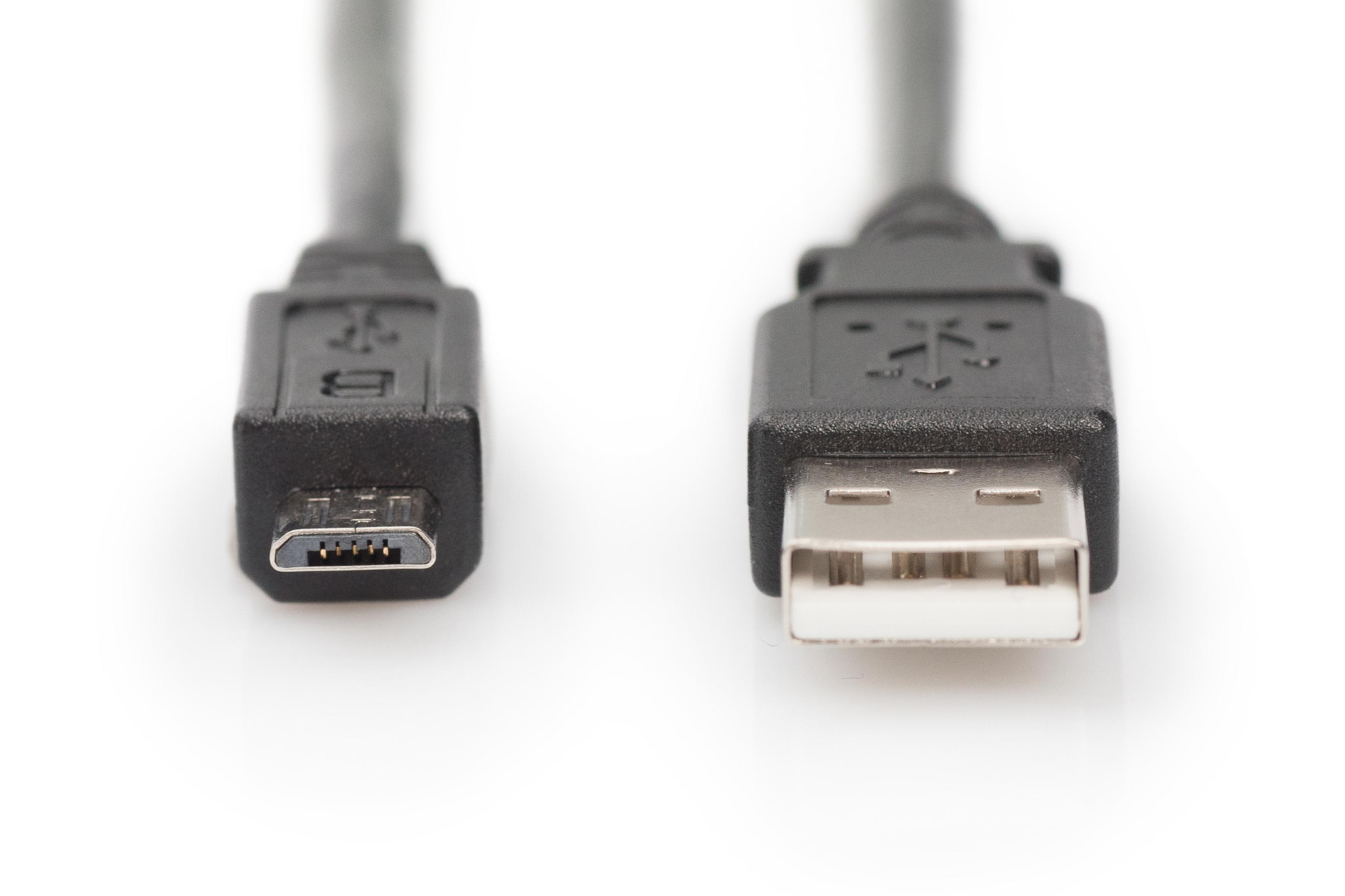 Deux câbles USB noirs : un avec une extrémité micro USB et l'autre avec une extrémité USB standard.