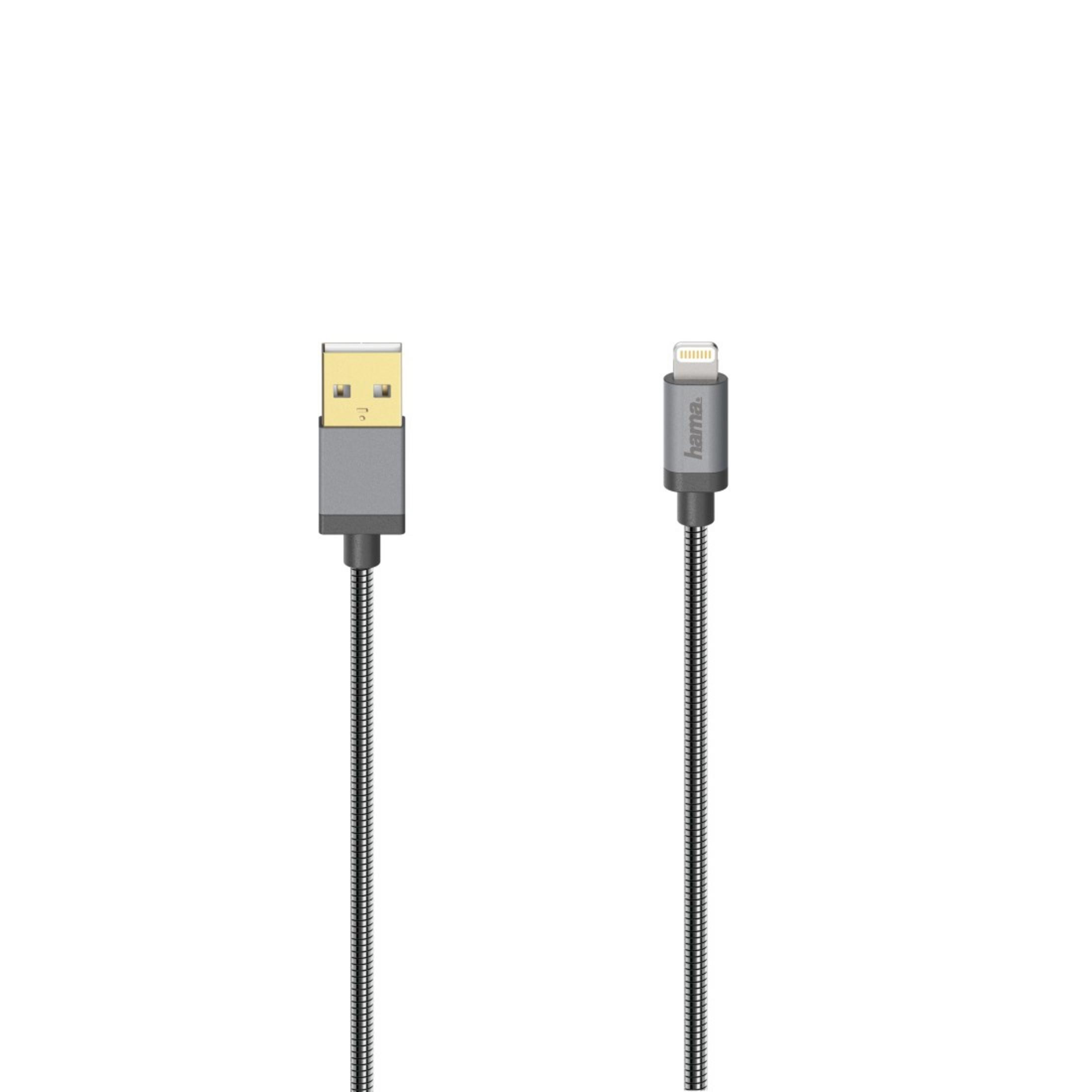 Un cavo da USB a Lightning. Il cavo è nero e argento.
