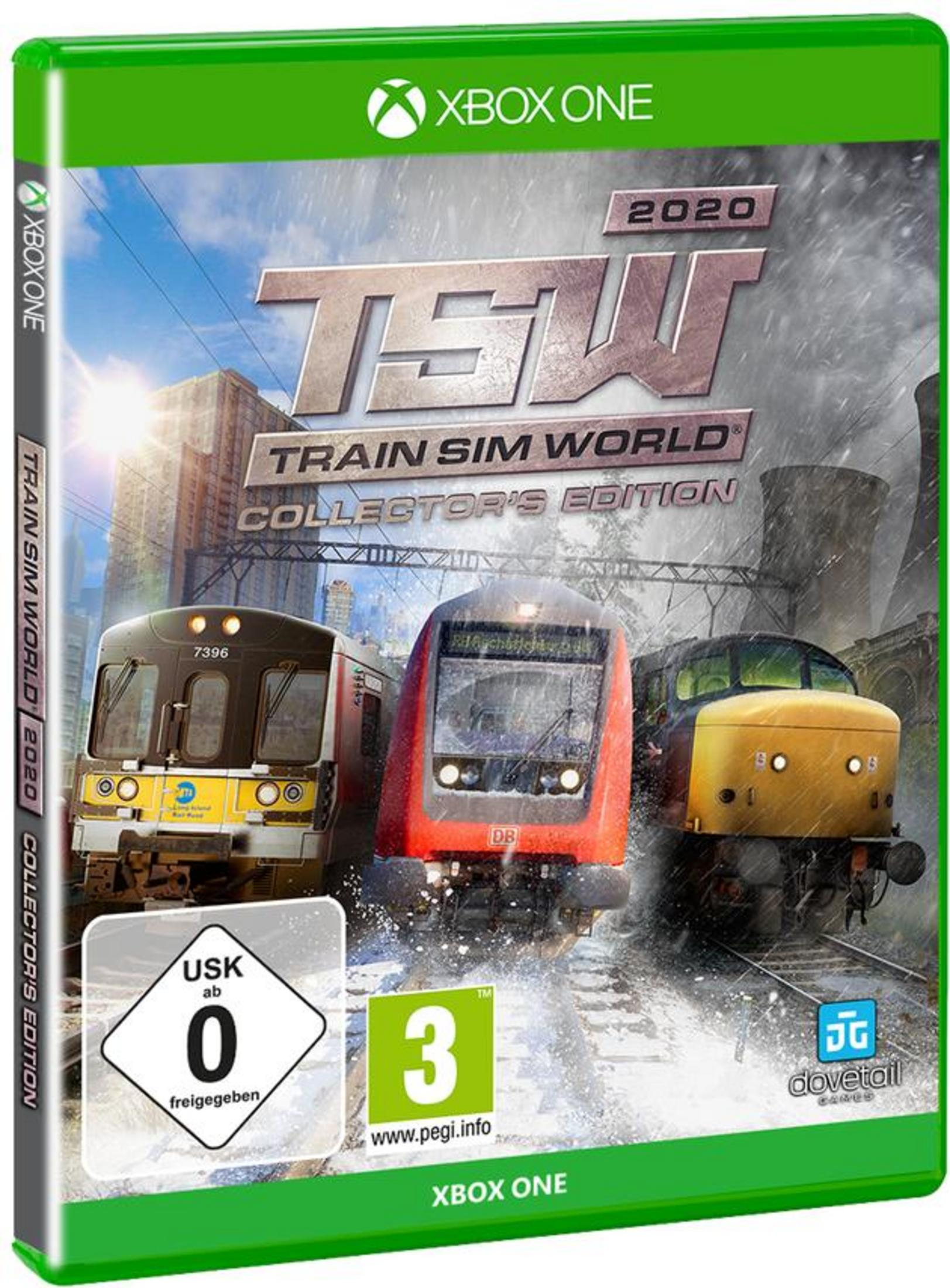 Xbox One Spielbox: Train Sim World 2020. Cover zeigt Züge auf Gleisen.
