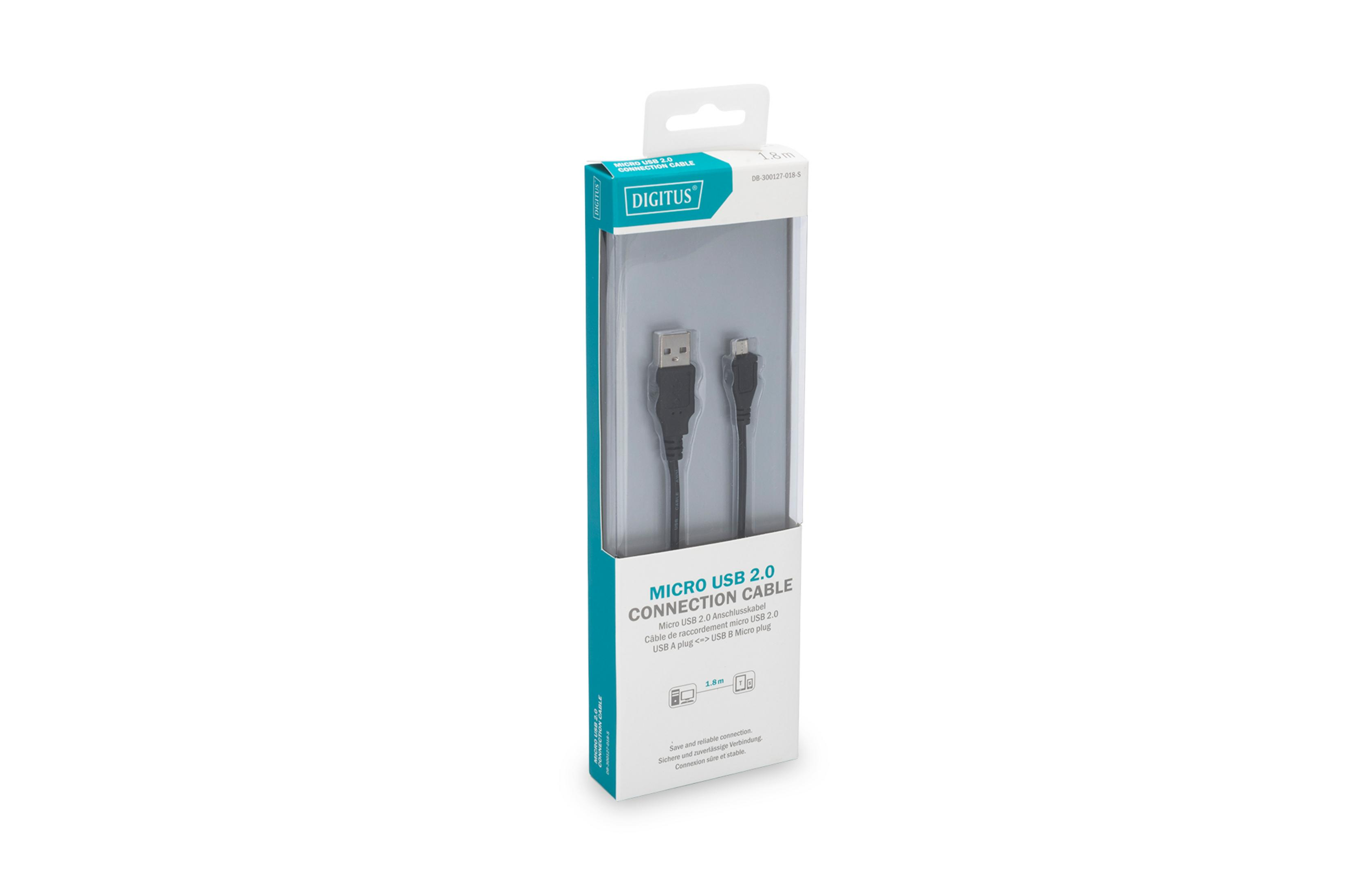 Micro-USB-Kabel in weißer Box, schräge Ansicht auf weißem Grund.
