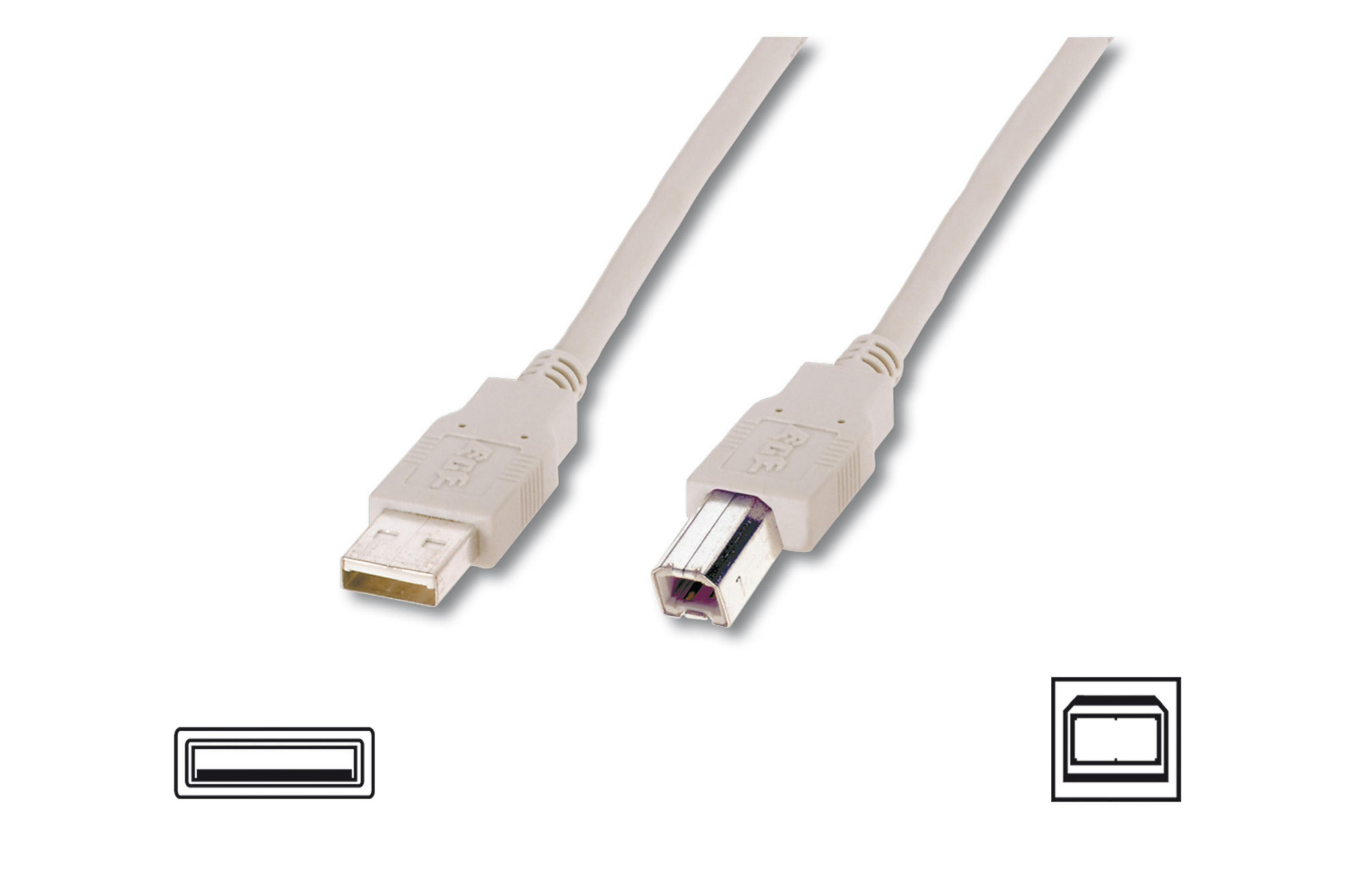 Deux câbles USB. L'un a des connecteurs USB-A et l'autre USB-B. Les deux sur fond blanc.