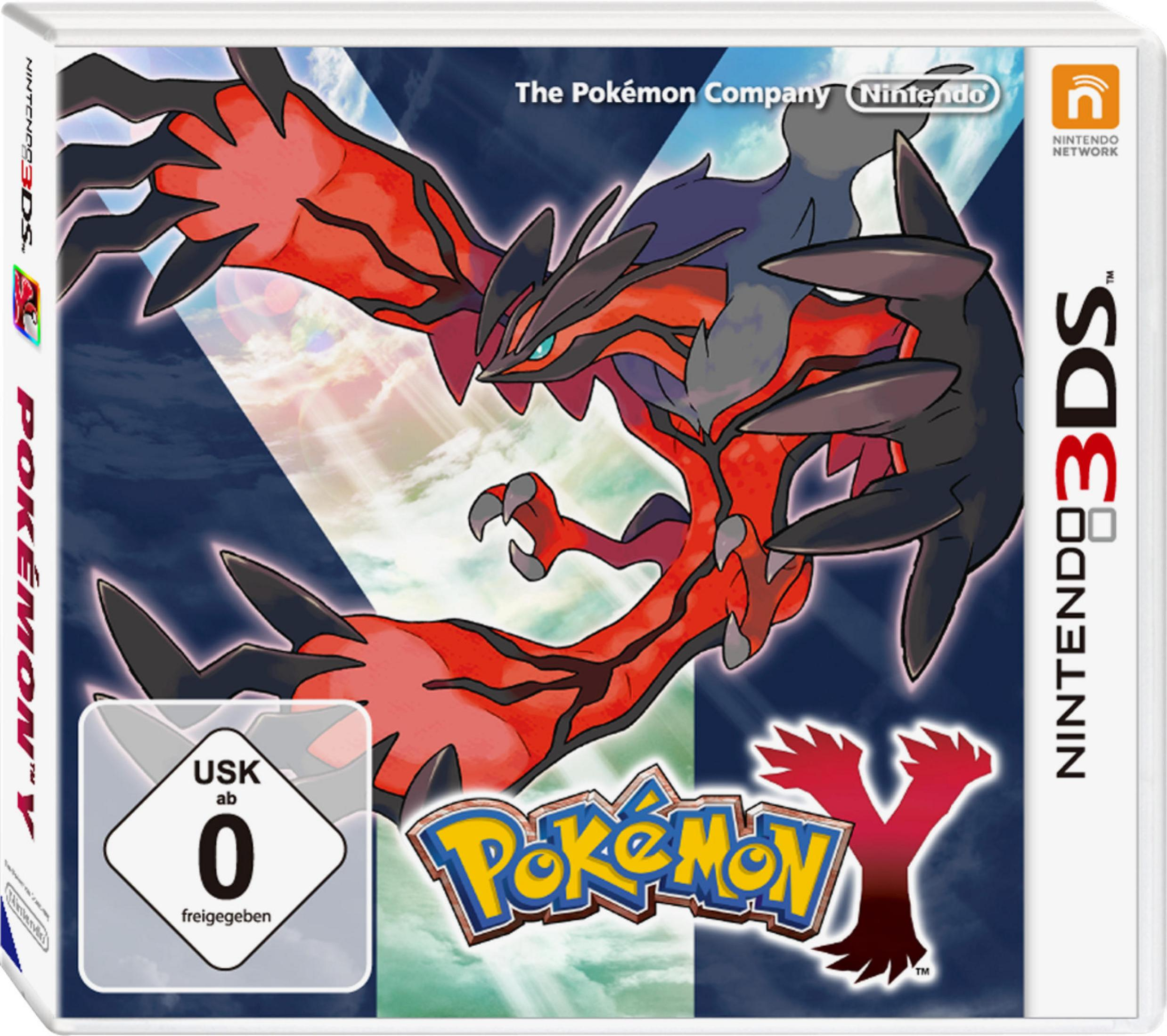 Pokemon Y Spielbox mit einem rot-schwarzen Drachen, dem Pokemon-Logo und dem Nintendo 3DS-Logo. Weißer Hintergrund.