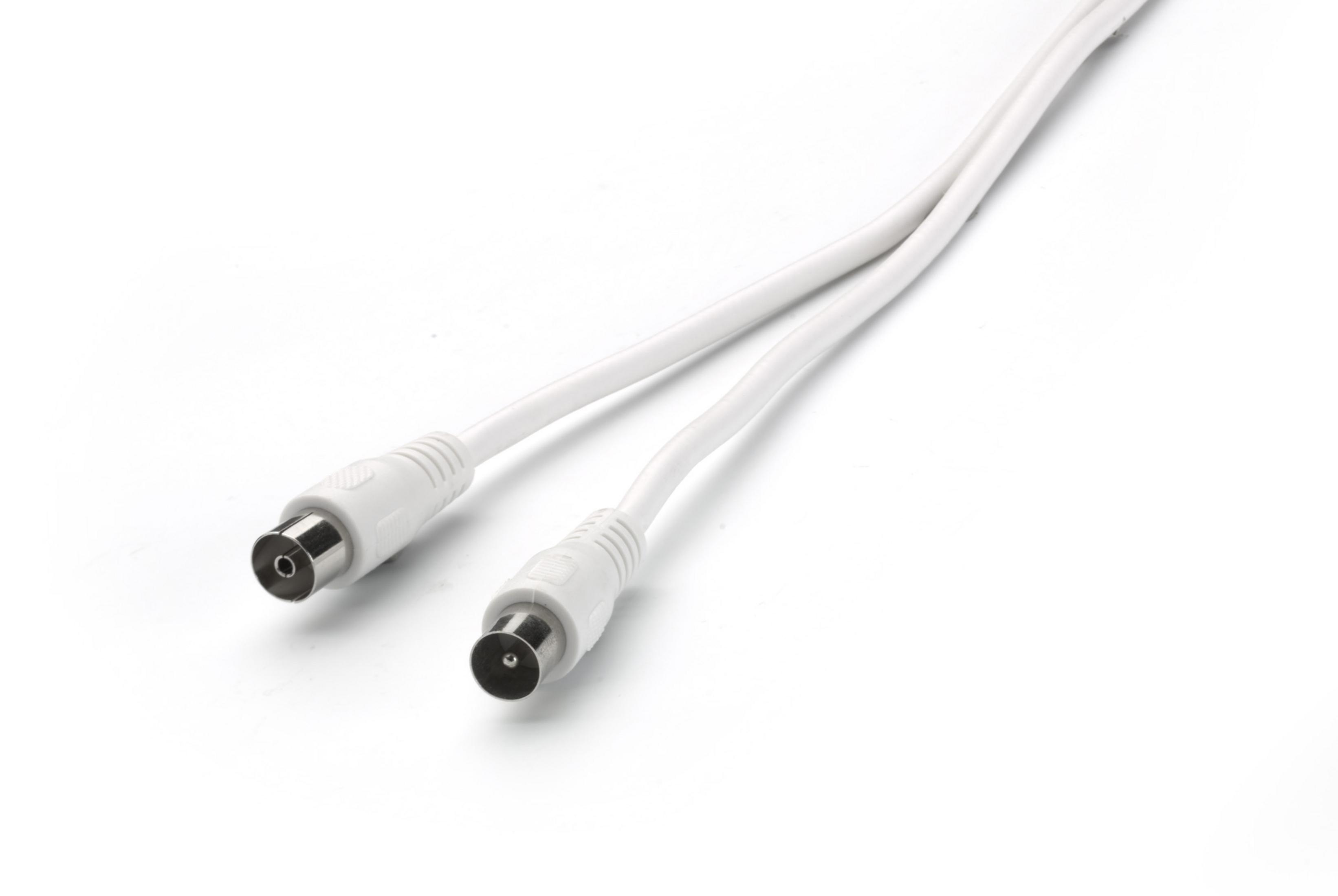 Biały kabel koncentryczny z dwoma męskimi złączami. Tło to czysta biała powierzchnia.