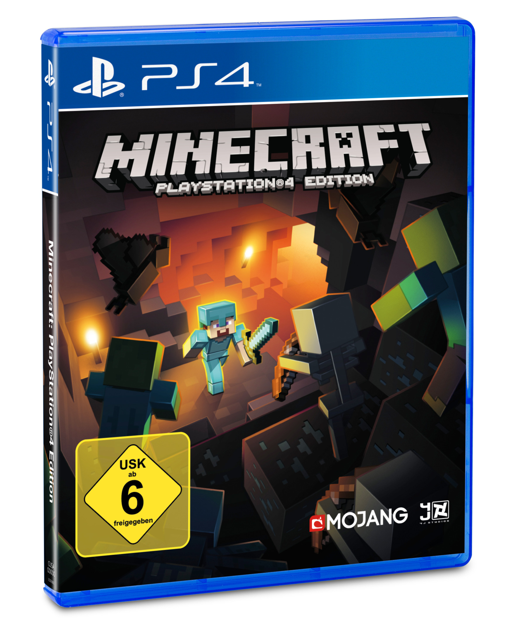 PS4-Spielbox für Minecraft mit einer Figur, die ein Schwert in einer Blockwelt hält.