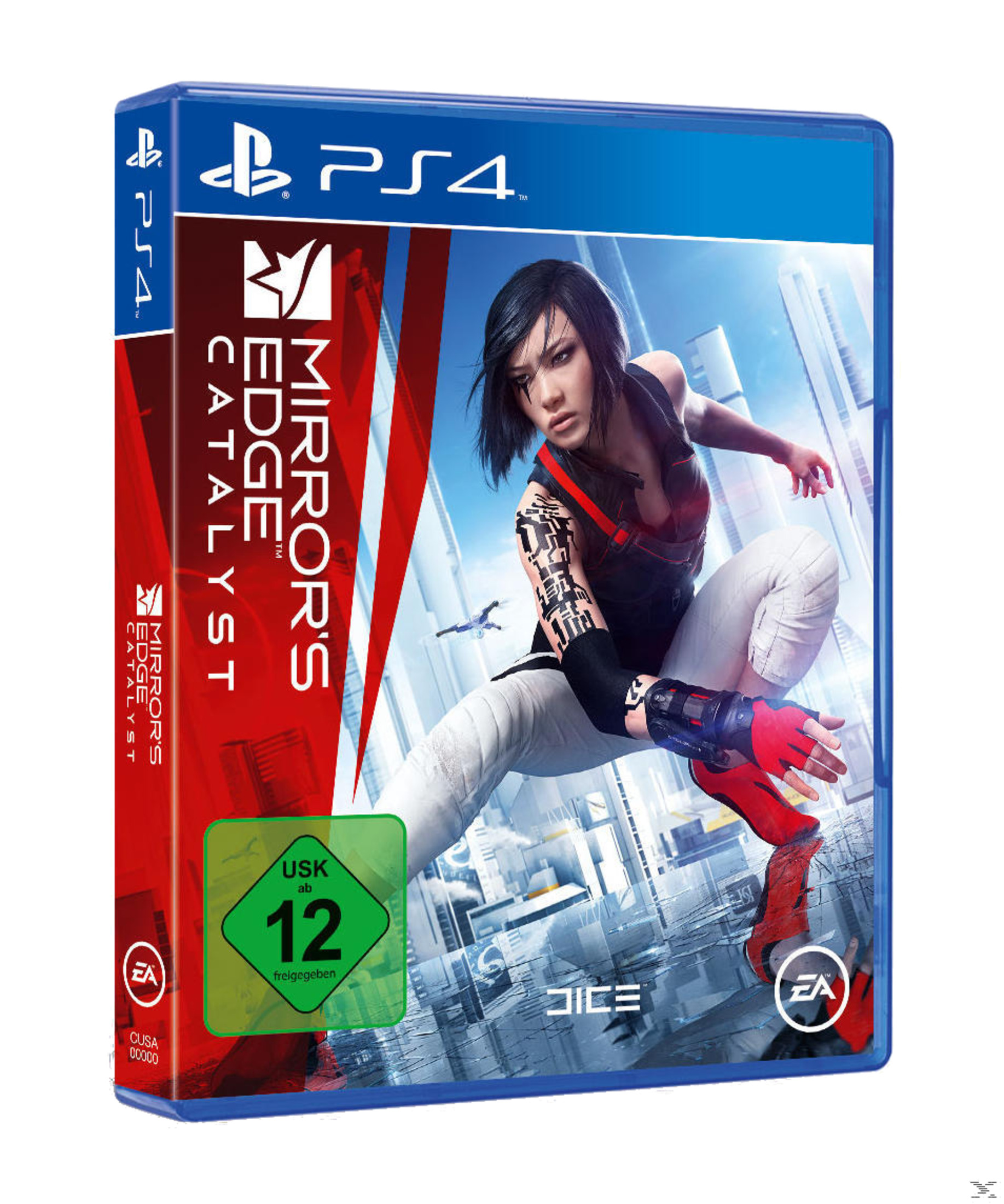 Videospielbox für Mirror's Edge Catalyst für PS4. Eine Frau ist das zentrale Bild auf dem Cover.