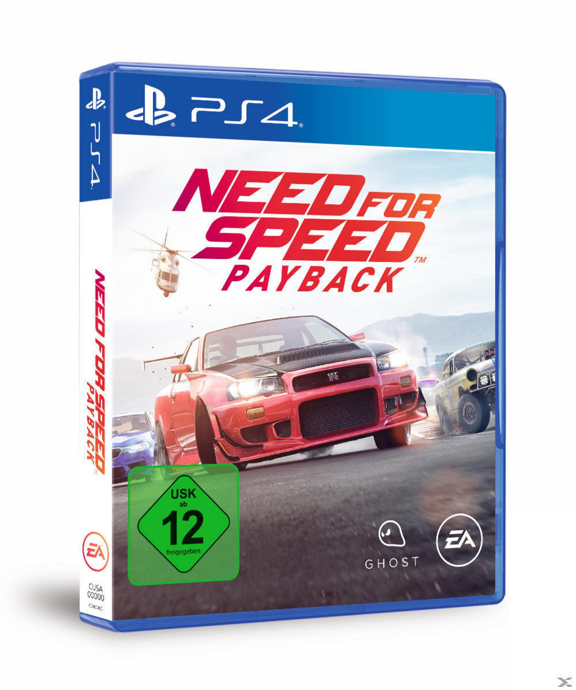 Ein Need for Speed Payback PS4-Spielcase zeigt ein rotes Auto und einen Hubschrauber auf einer Wüstenstraße.