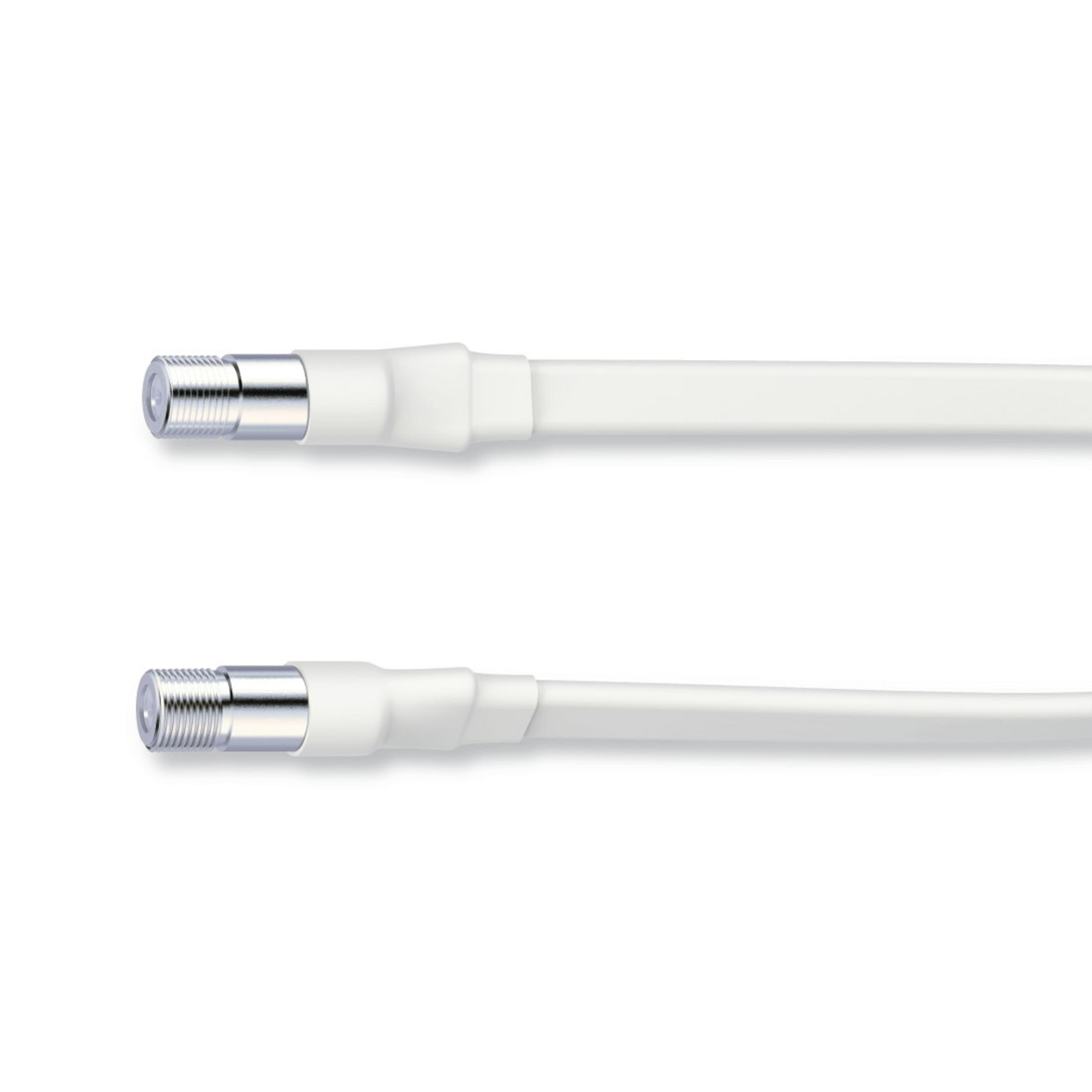 Dwa białe kable koncentryczne ze srebrnymi złączami, na białej powierzchni.