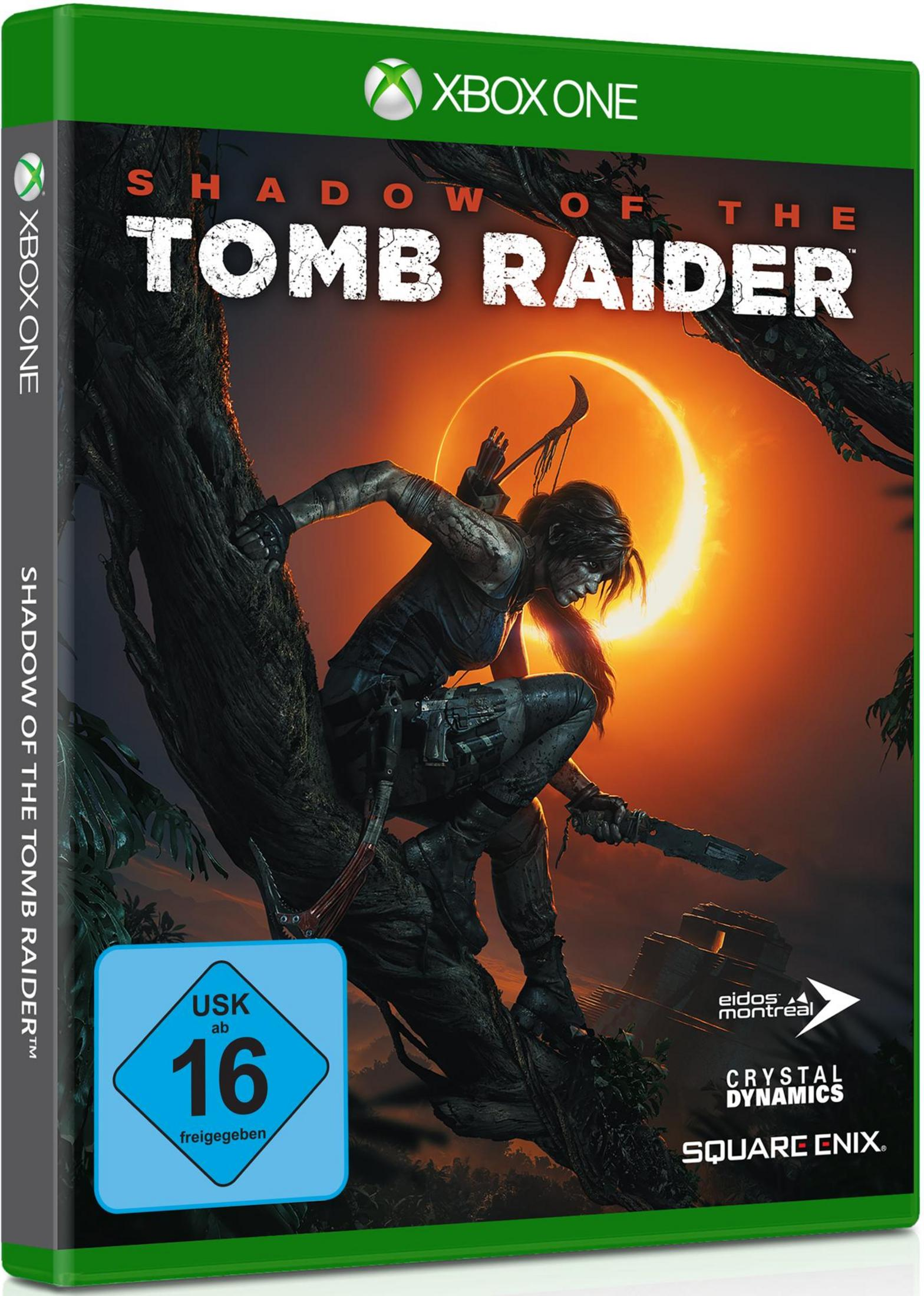 Spielbox-Artwork für 'Shadow of the Tomb Raider' auf Xbox One. Zeigt Lara Croft und einen Tempel.