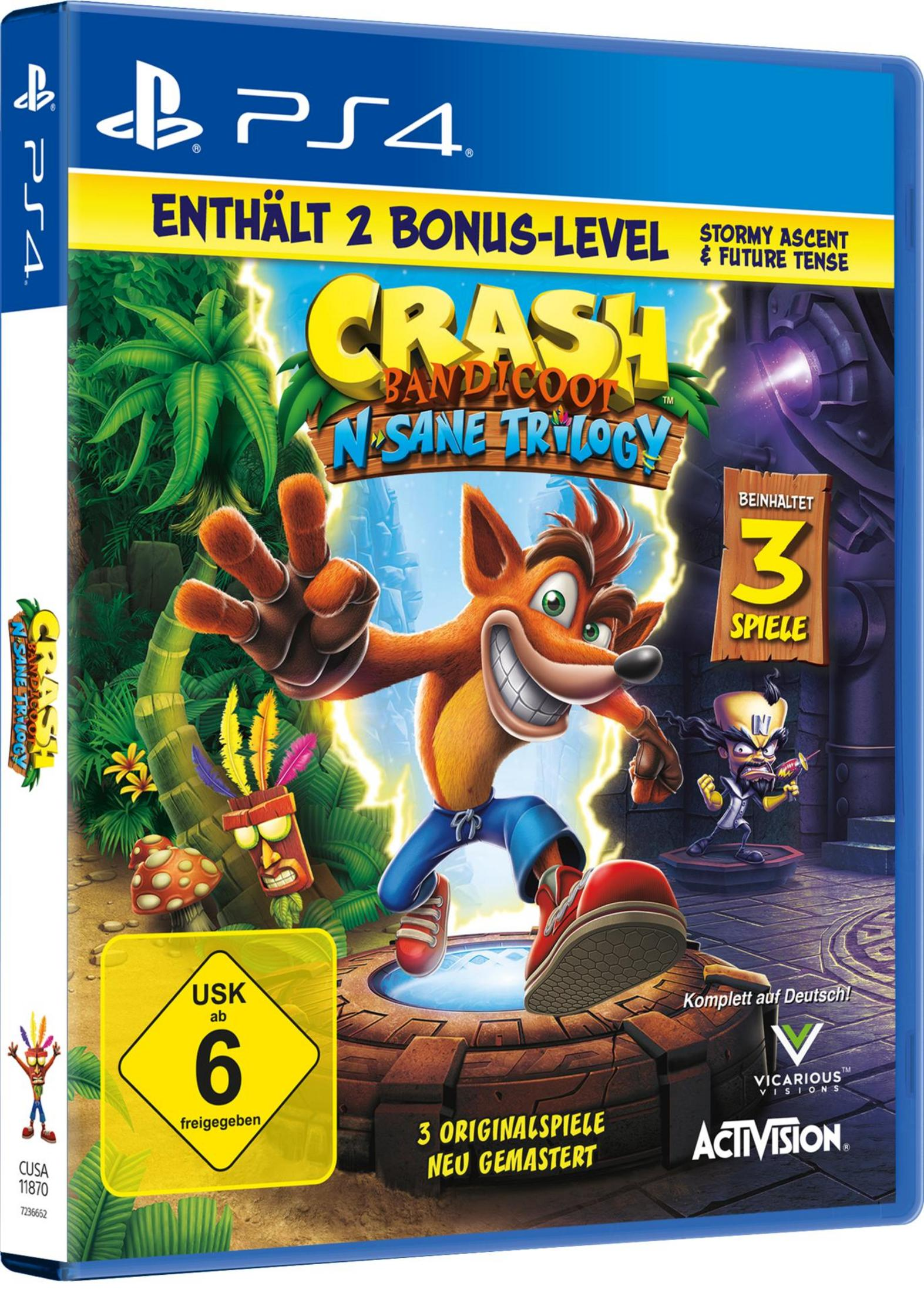 Okładka gry Crash Bandicoot N. Sane Trilogy. Zawiera Crasha, tropikalne otoczenie i logo PS4.