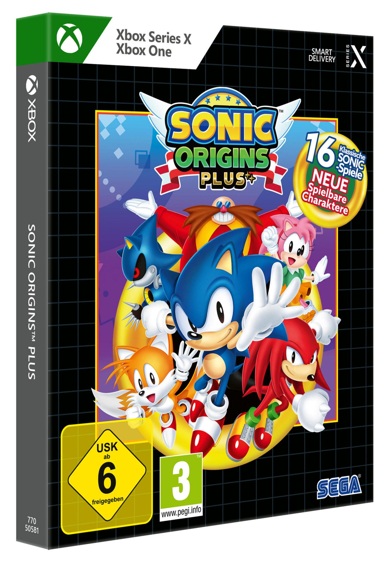 Sonic Origins Plus Spielbox. Enthält Sonic und Freunde und eine gelbe Bewertung.