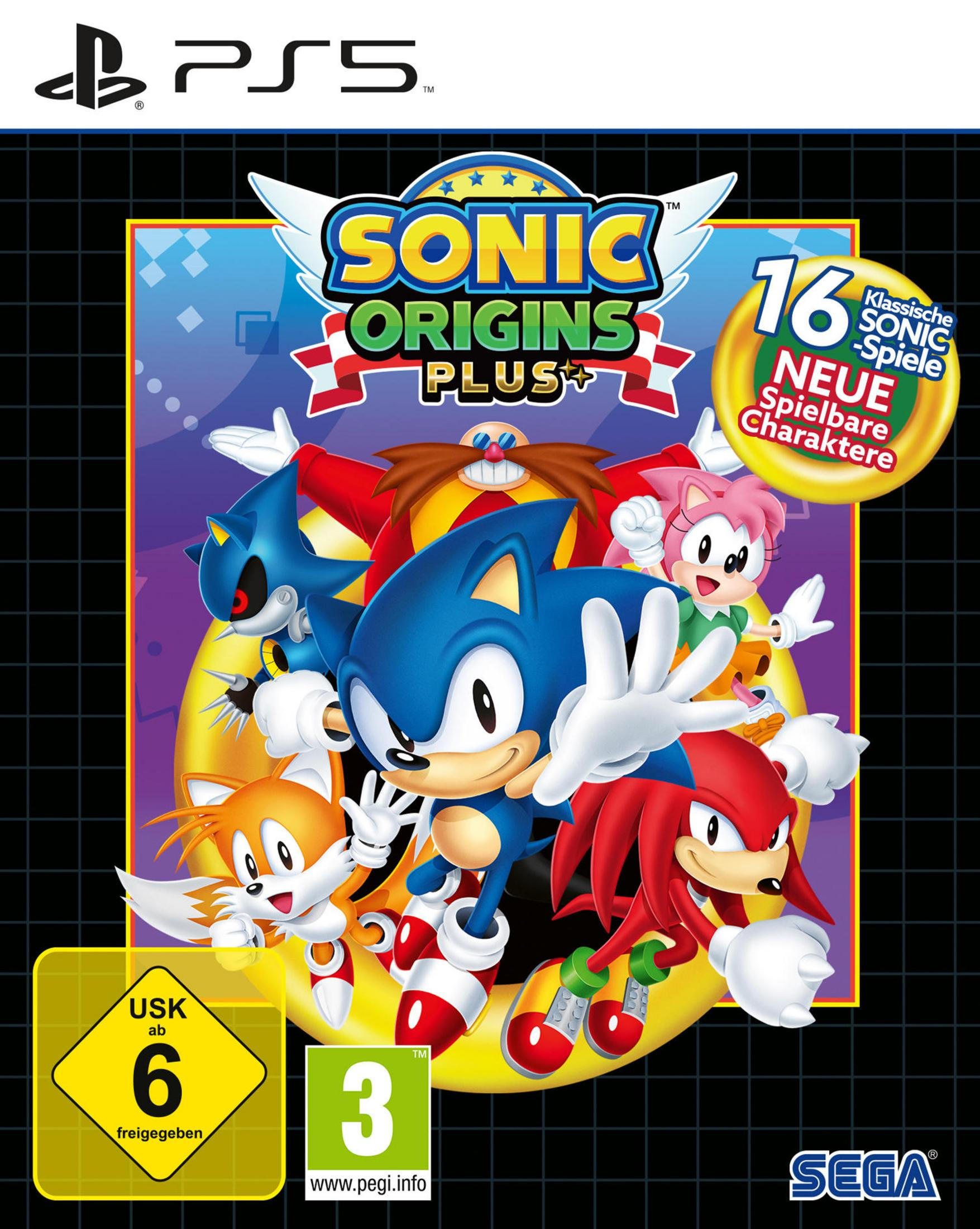 Sonic Origins Plus Spielcover für PlayStation 5. Mit Sonic, Tails, Knuckles und anderen.