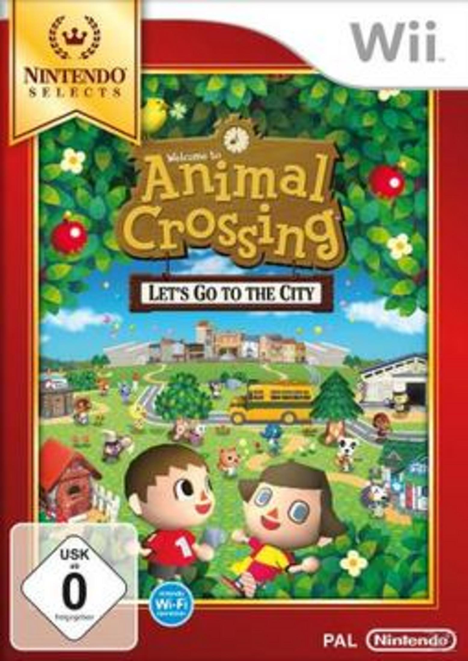 Animal Crossing Spielbox-Art. Zwei Charaktere stehen vor einer Stadt mit Bäumen.