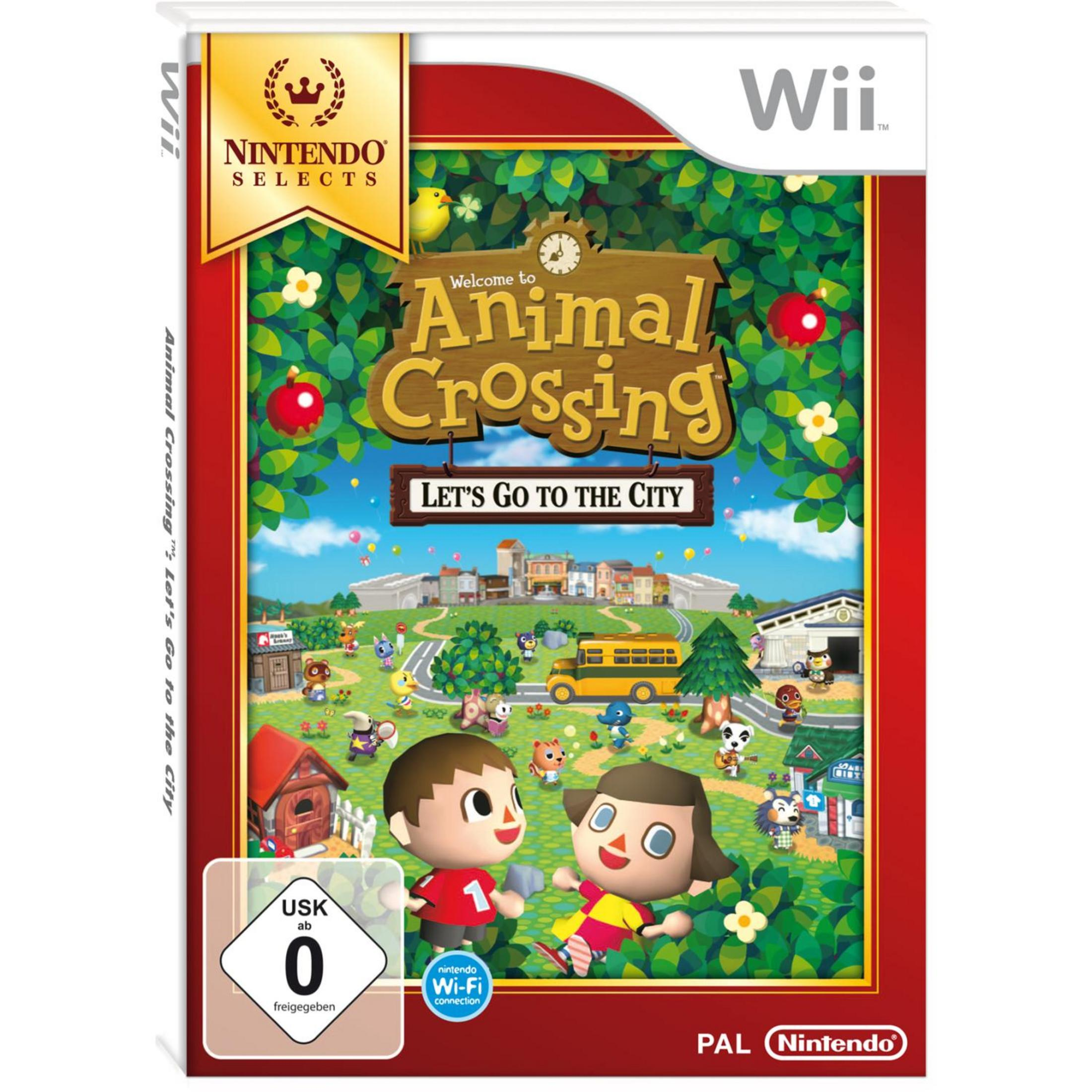 Animal Crossing: Let's Go to the City Wii-Spielverpackung. Zeigt Charaktere und Stadtszenen.