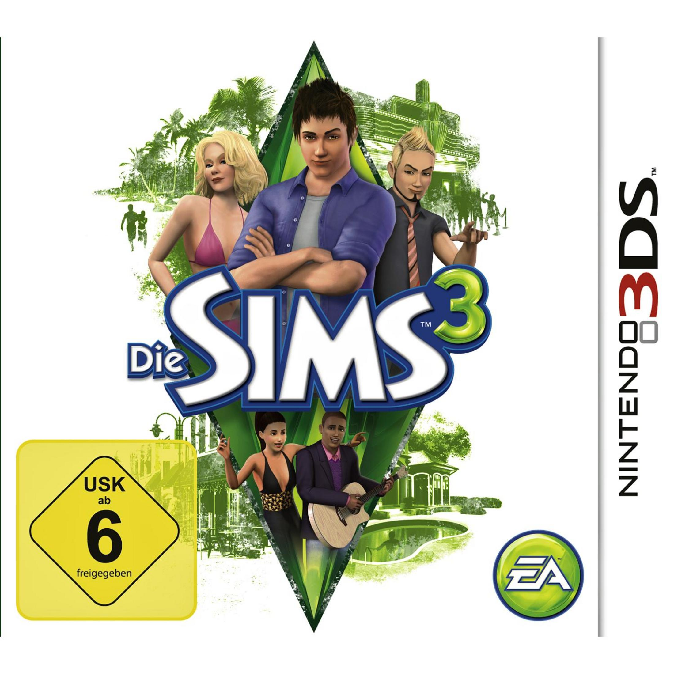 Die Sims 3 Spielbox für Nintendo 3DS. Das Cover zeigt drei Charaktere und das Spiel-Logo.