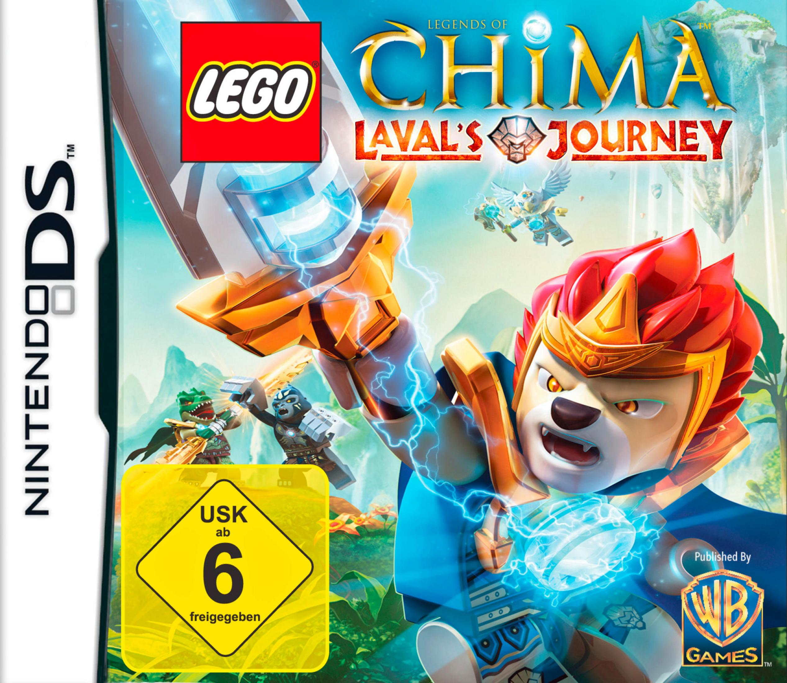 Lego Chima: Lavals Reise Spielbox. Löwenähnlicher Charakter auf dem Cover, Action-Szene, DS-Logo.