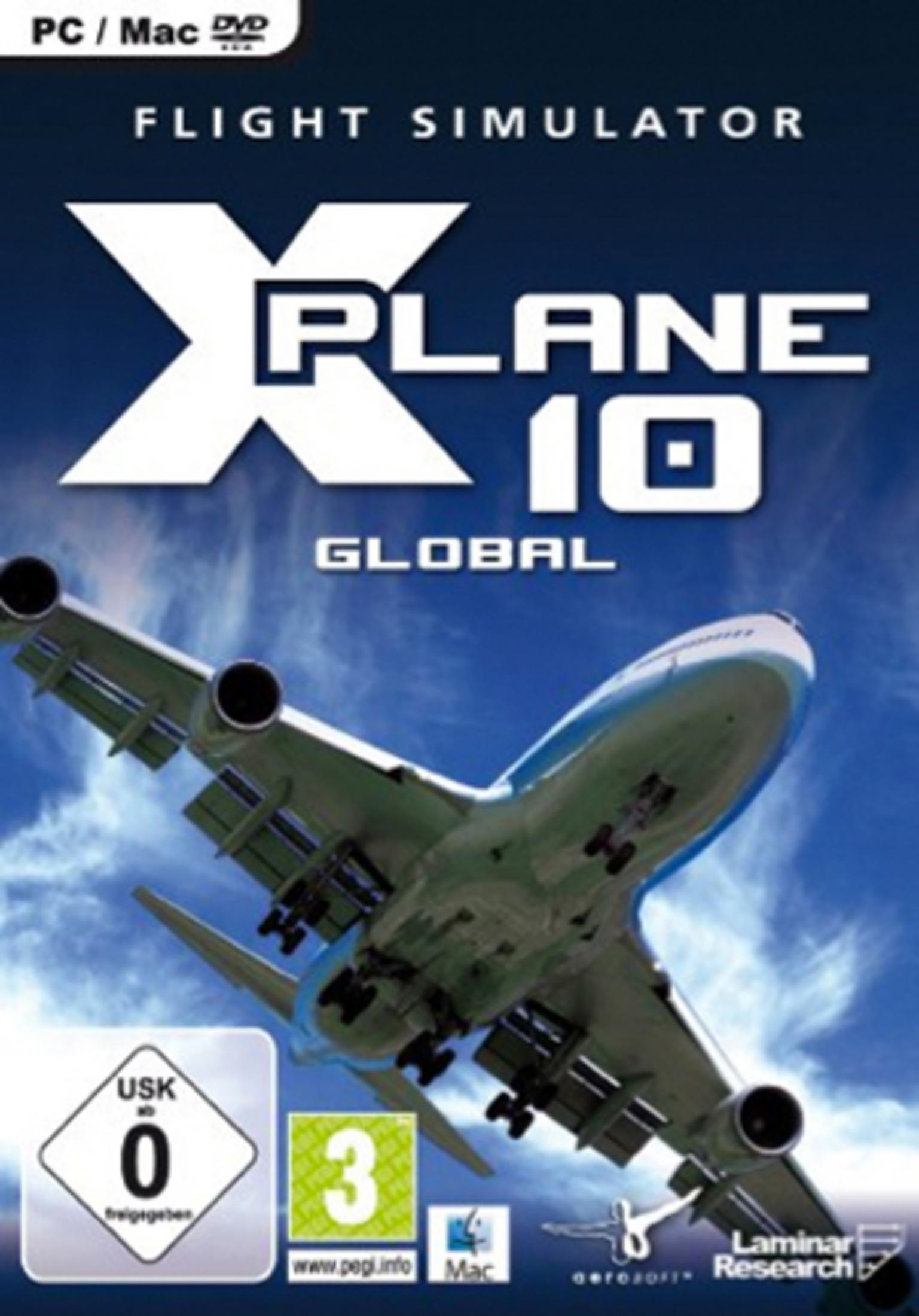 X-Plane 10 Global Flugsimulator-Spielbox mit Flugzeuggrafik.