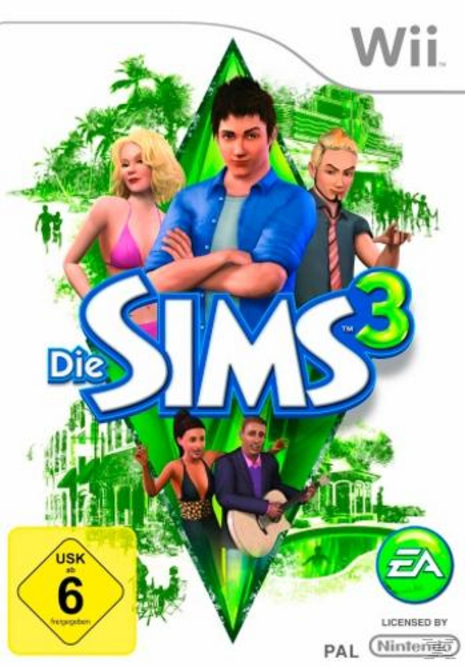 Wii-Spielcover für Die Sims 3, mit Charakteren und einem lebendigen, grünen Hintergrund.