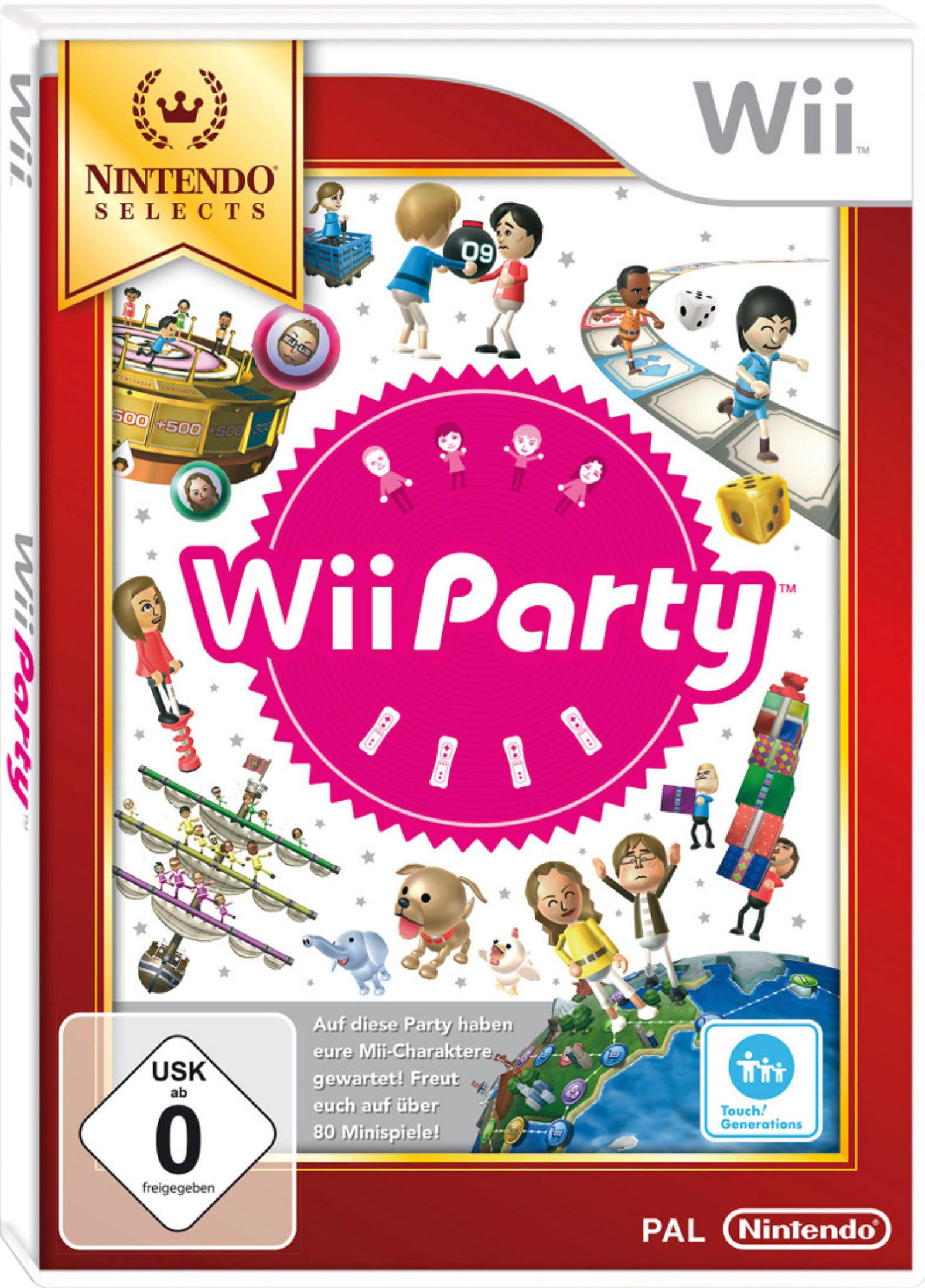 Wii Party Spielcover. Cartoon-Figuren spielen verschiedene Partyspiele auf weißem Hintergrund.