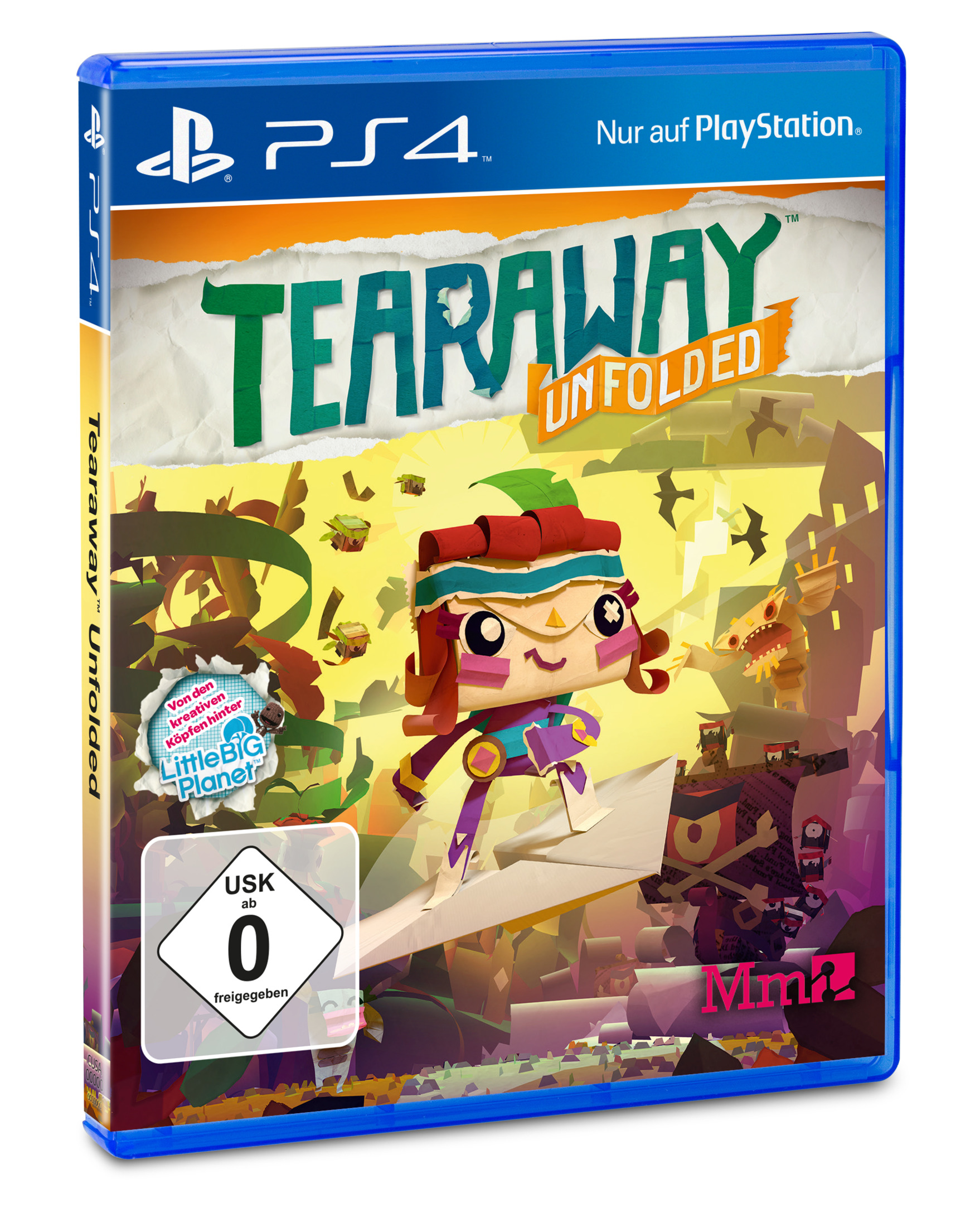 Eine PS4-Spielbox, 'Tearaway Unfolded'. Ein papierartiger Charakter ist zentral, mit lebendigen Farben.