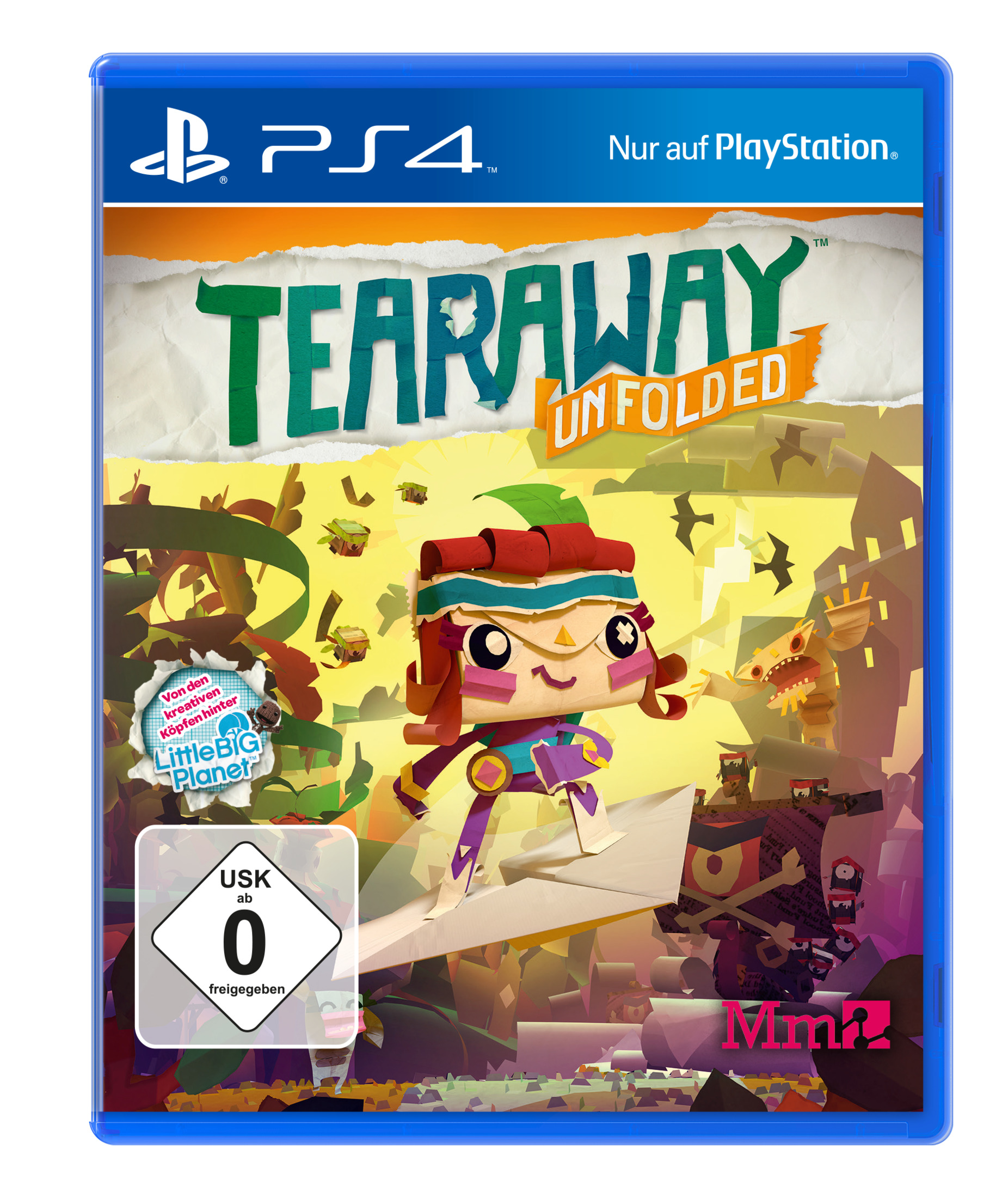 Tearaway Unfolded PS4-Spielbox mit farbenfrohem Cover, auf blauem Grund.