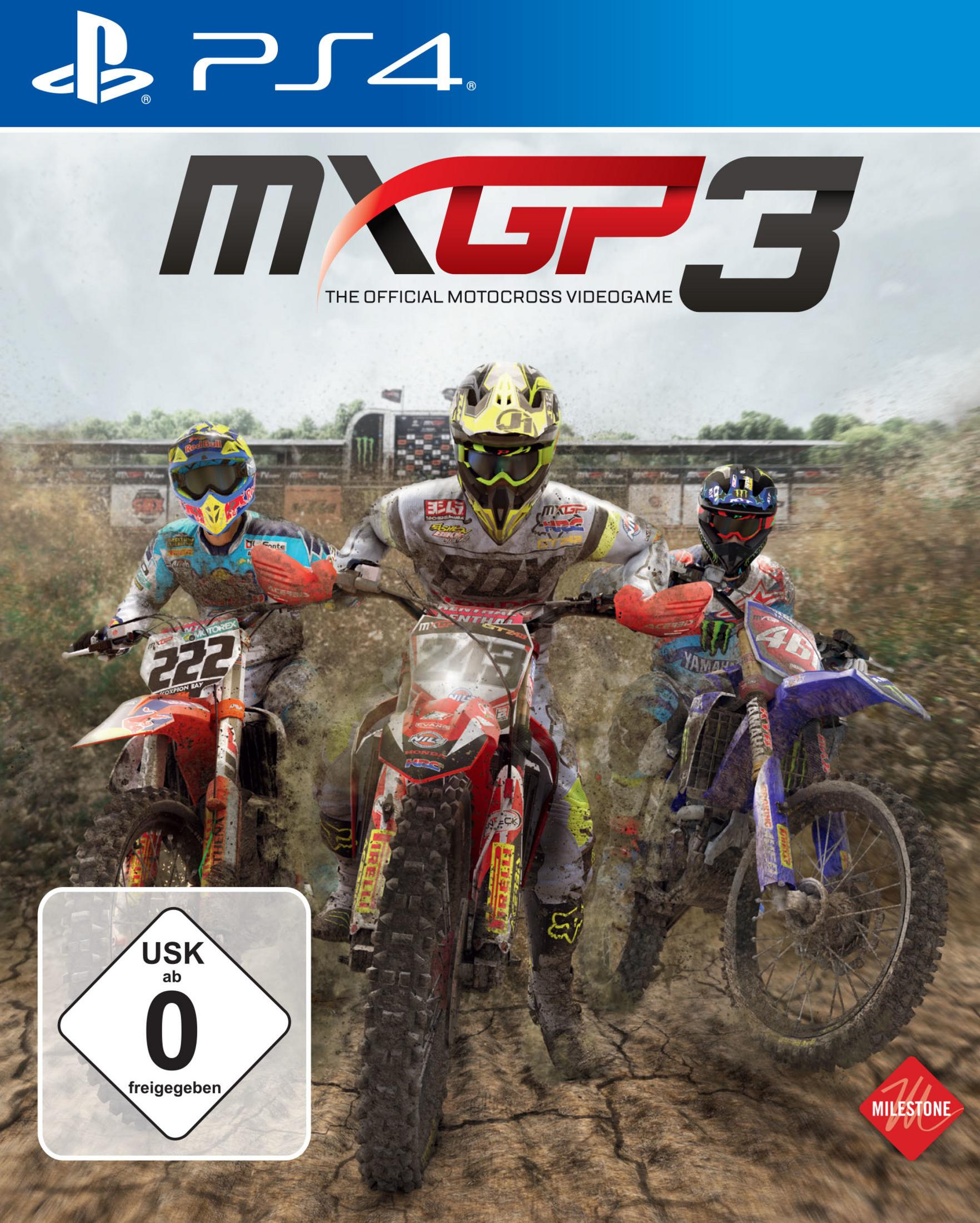 PS4-Spielcover: MXGP3, Motocross-Rennfahrer auf Motorrädern, Dirt-Track, blauer Himmel.