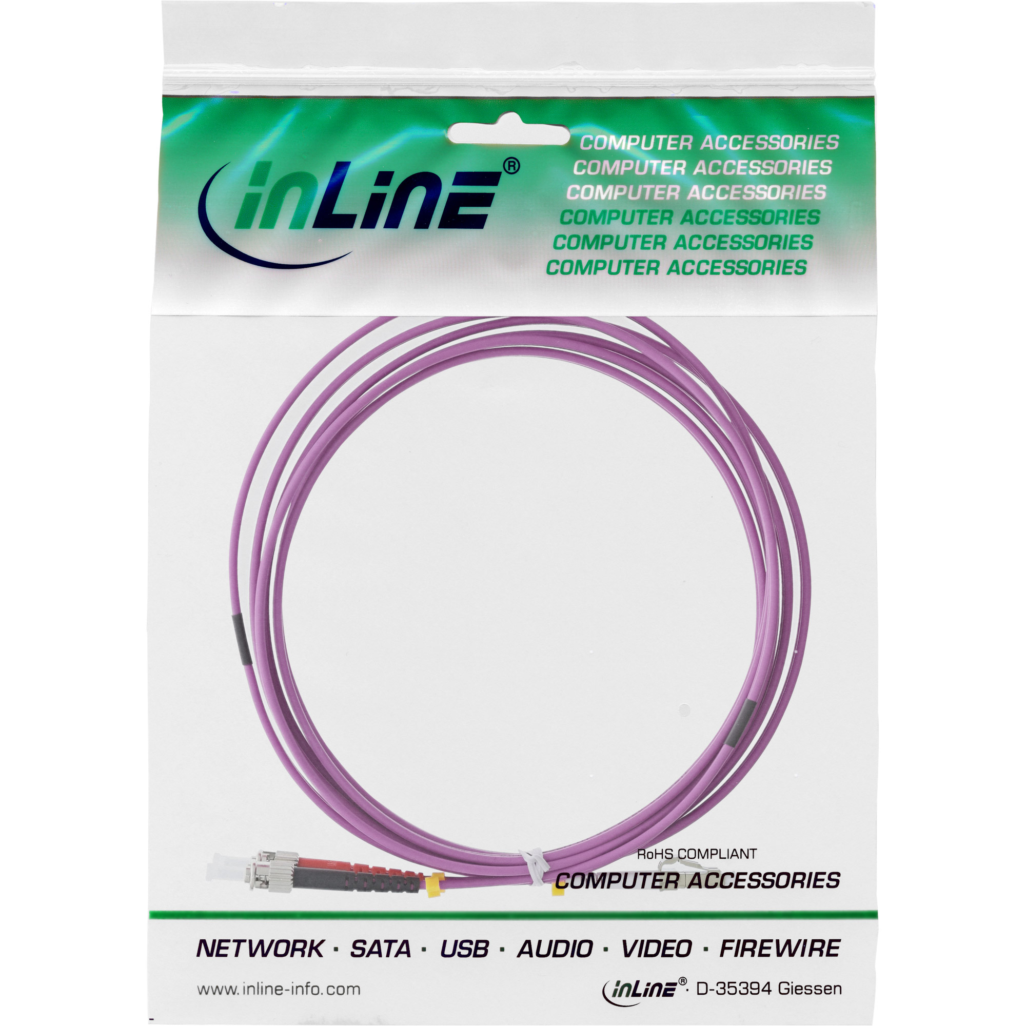 Eine Plastiktüte mit violettem Glasfaserkabel für Computerzubehör.
