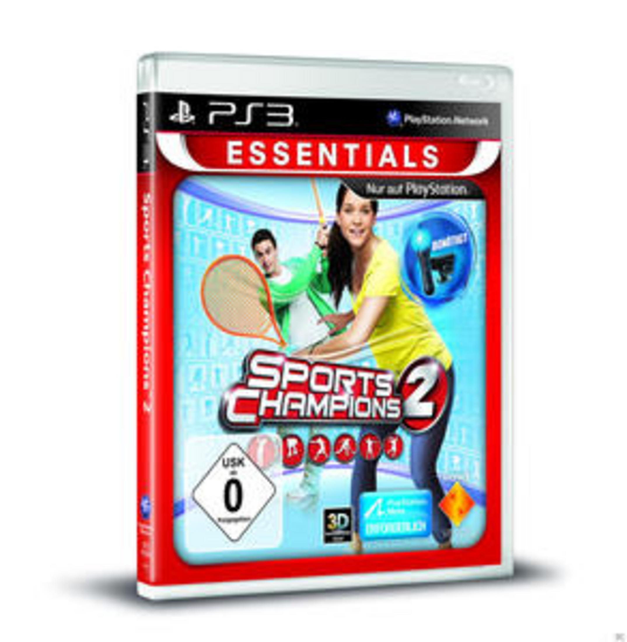 PS3 Spiel. Box-Art eines Tennisspielers. Text: 'SPORTS CHAMPIONS 2', 'ESSENTIALS'. USK 0.