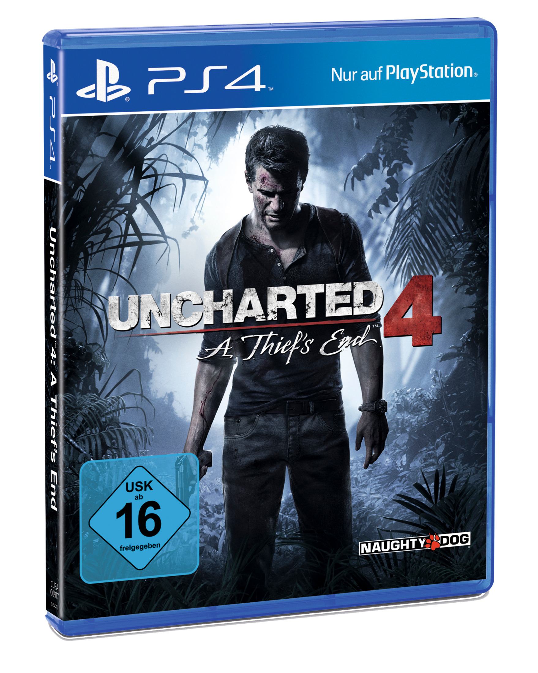 PS4-Spielehülle für Uncharted 4. Cover zeigt Mann im Wald. Blaue Hülle.