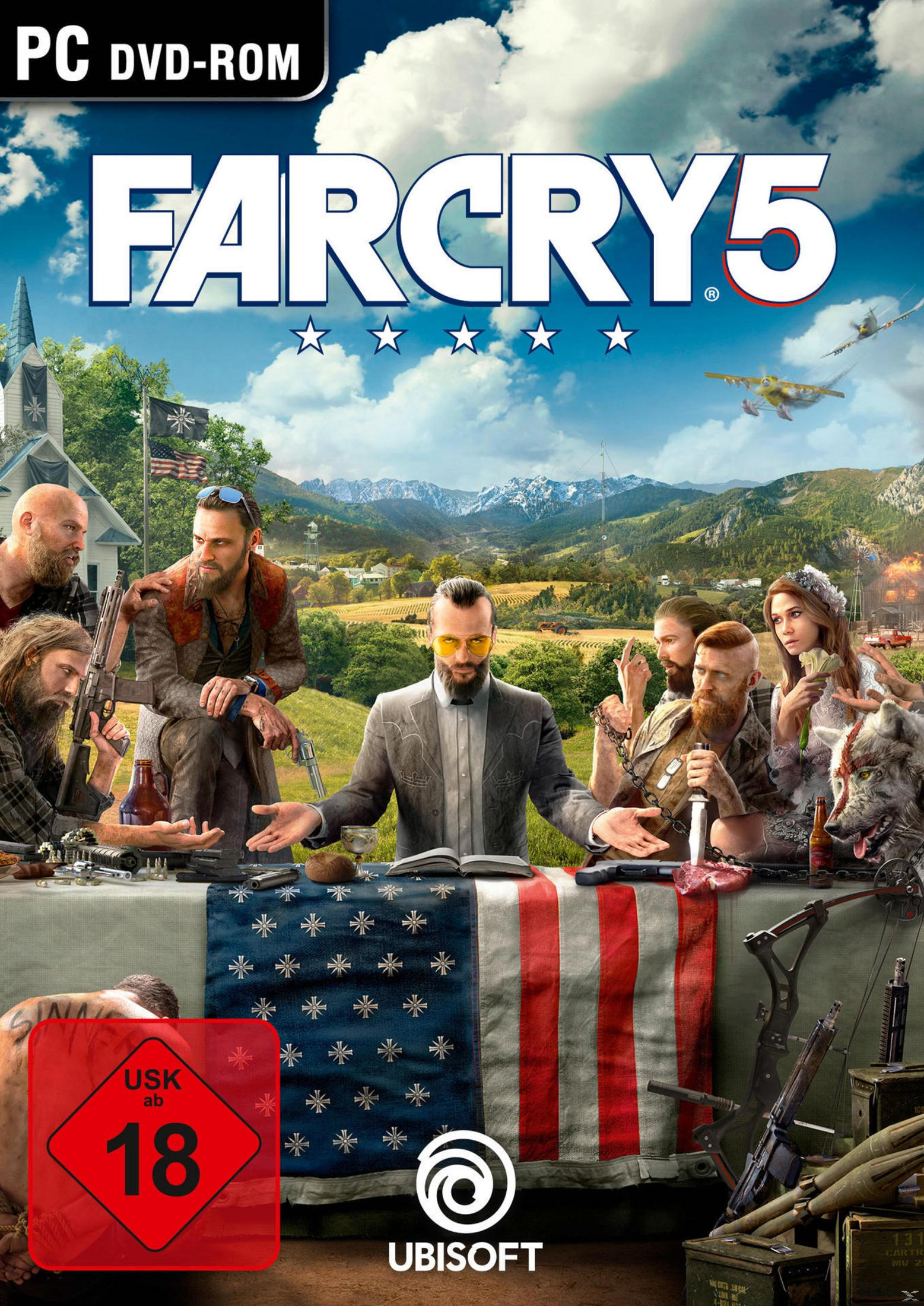 Okładka gry Far Cry 5. Ludzie wokół stołu. Ocena USK 18.
