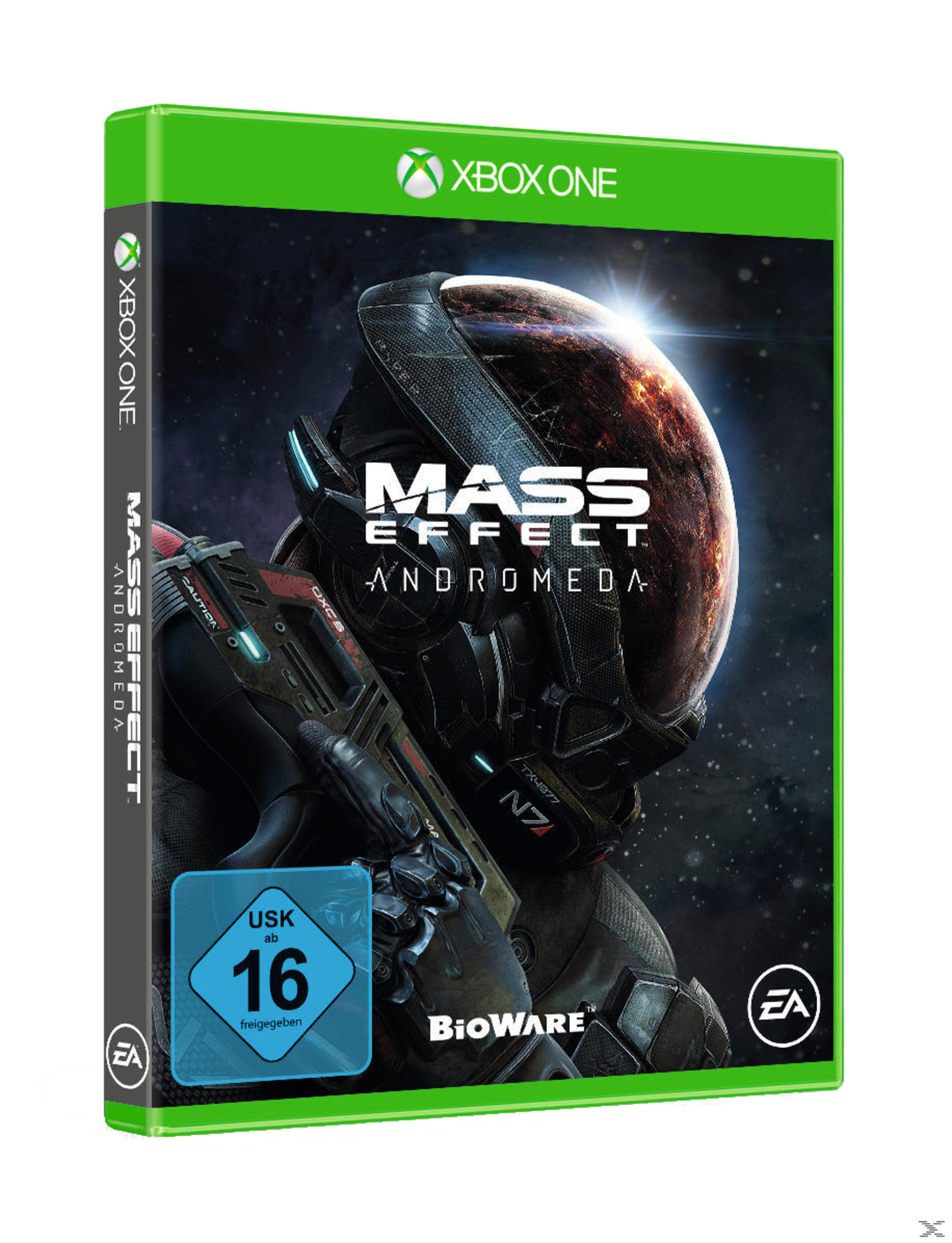 Mass Effect Andromeda Spielbox-Art mit einem Raumanzug und einem Planeten.