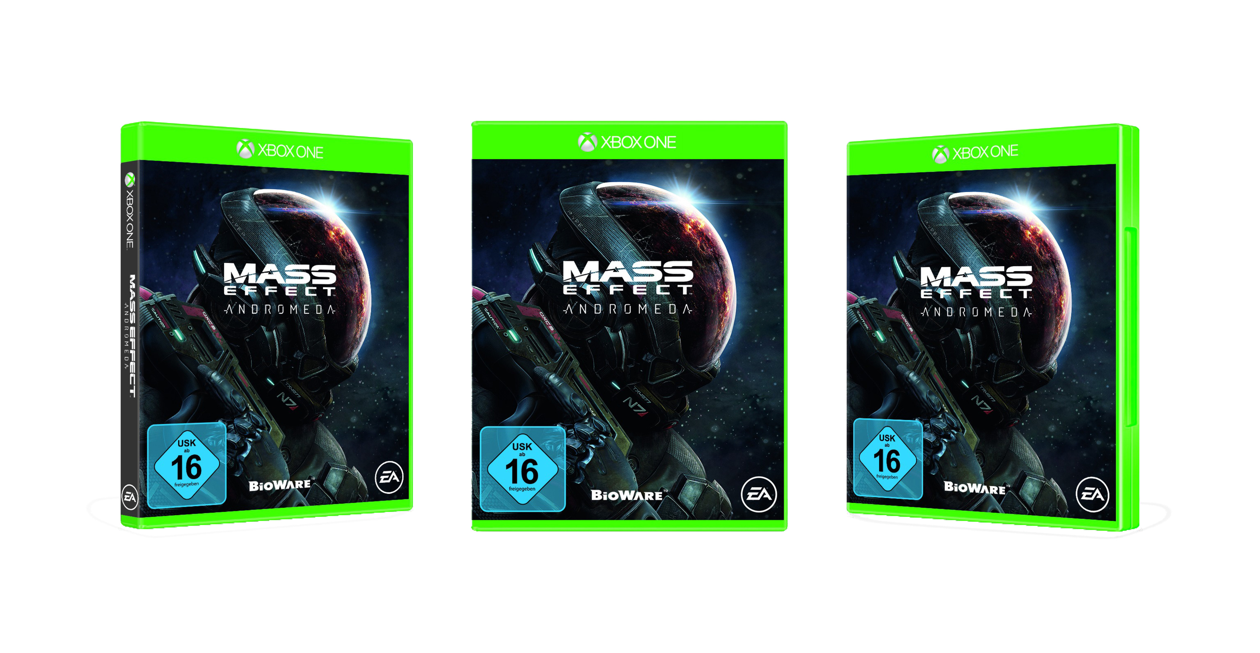 Drei Videospielboxen von Mass Effect Andromeda für Xbox One. Sie stehen aufrecht.