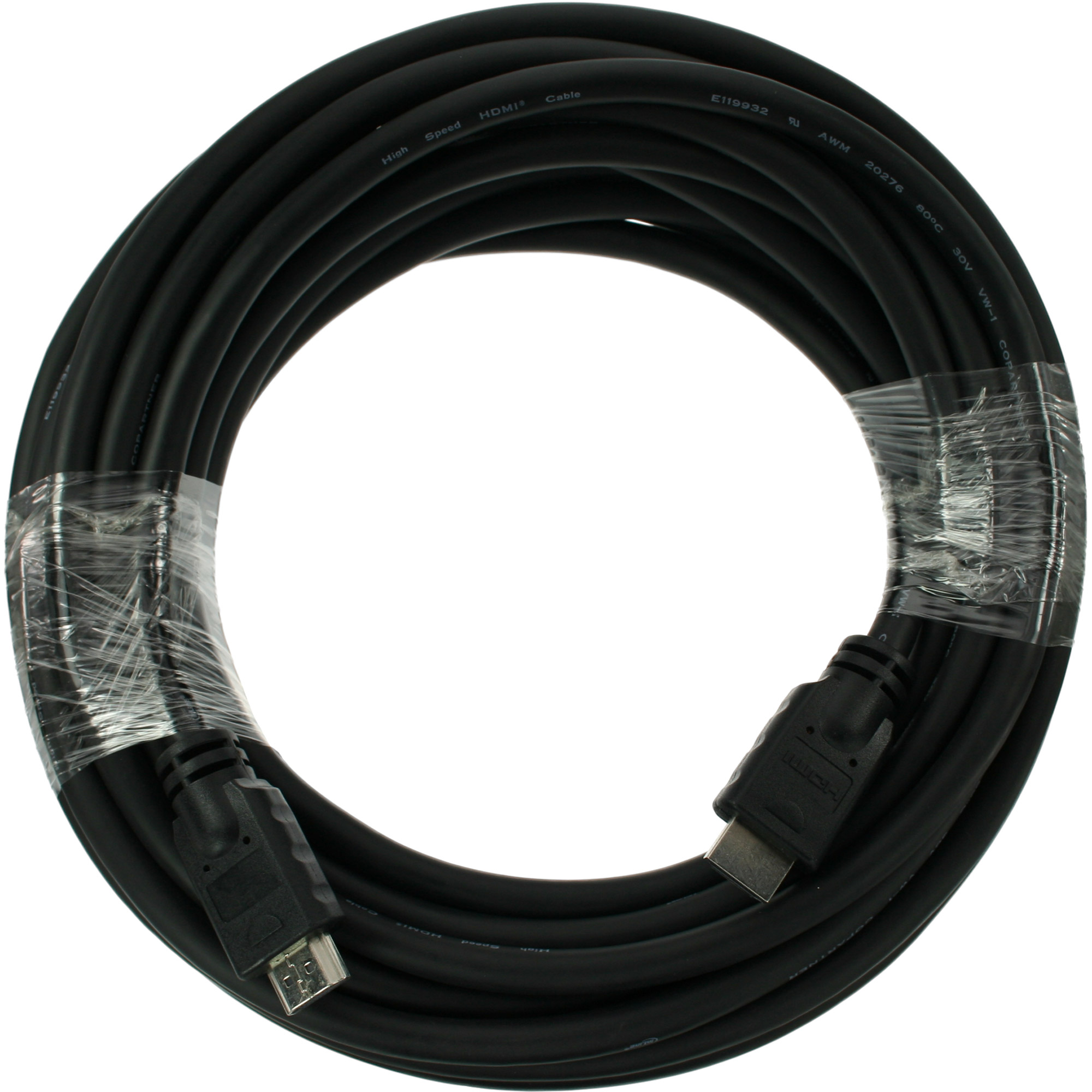 Ein schwarzes HDMI-Kabel, das zu einem Kreis aufgerollt ist, mit Anschlüssen an jedem Ende.