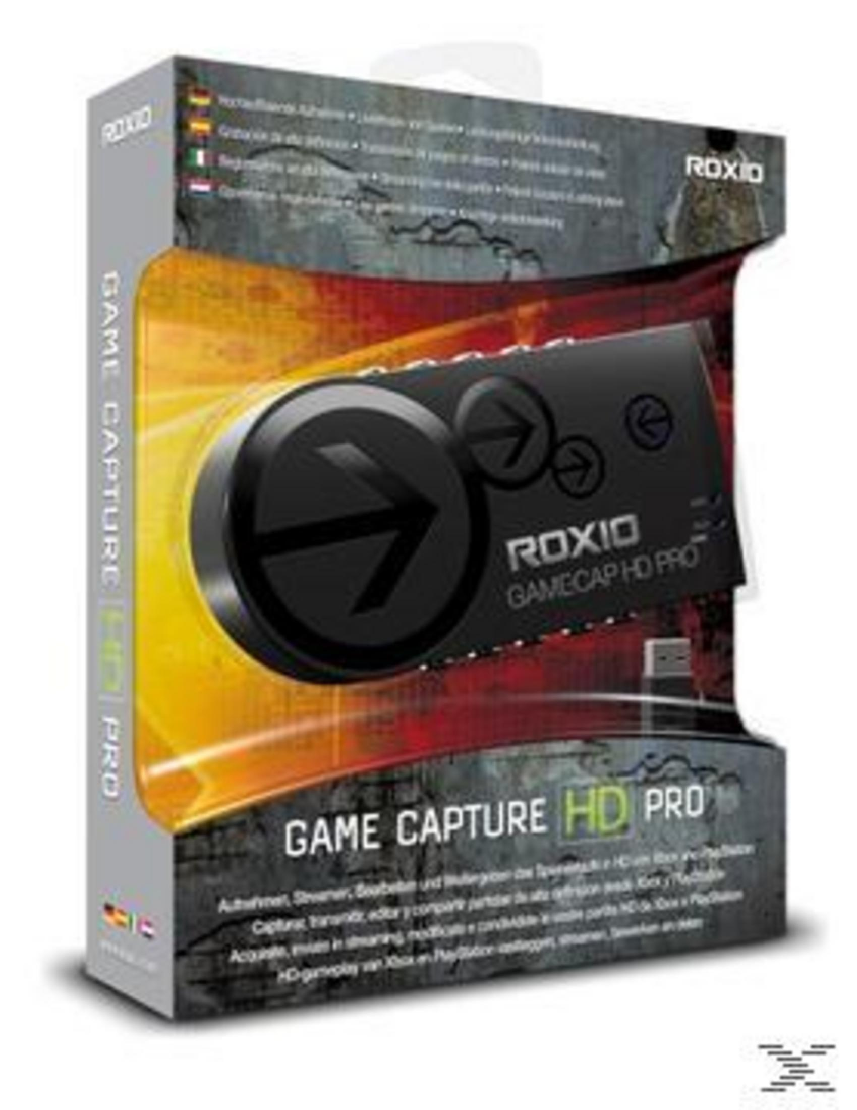 Pudełko Roxio Game Capture HD Pro z czarnym urządzeniem i strzałkami.