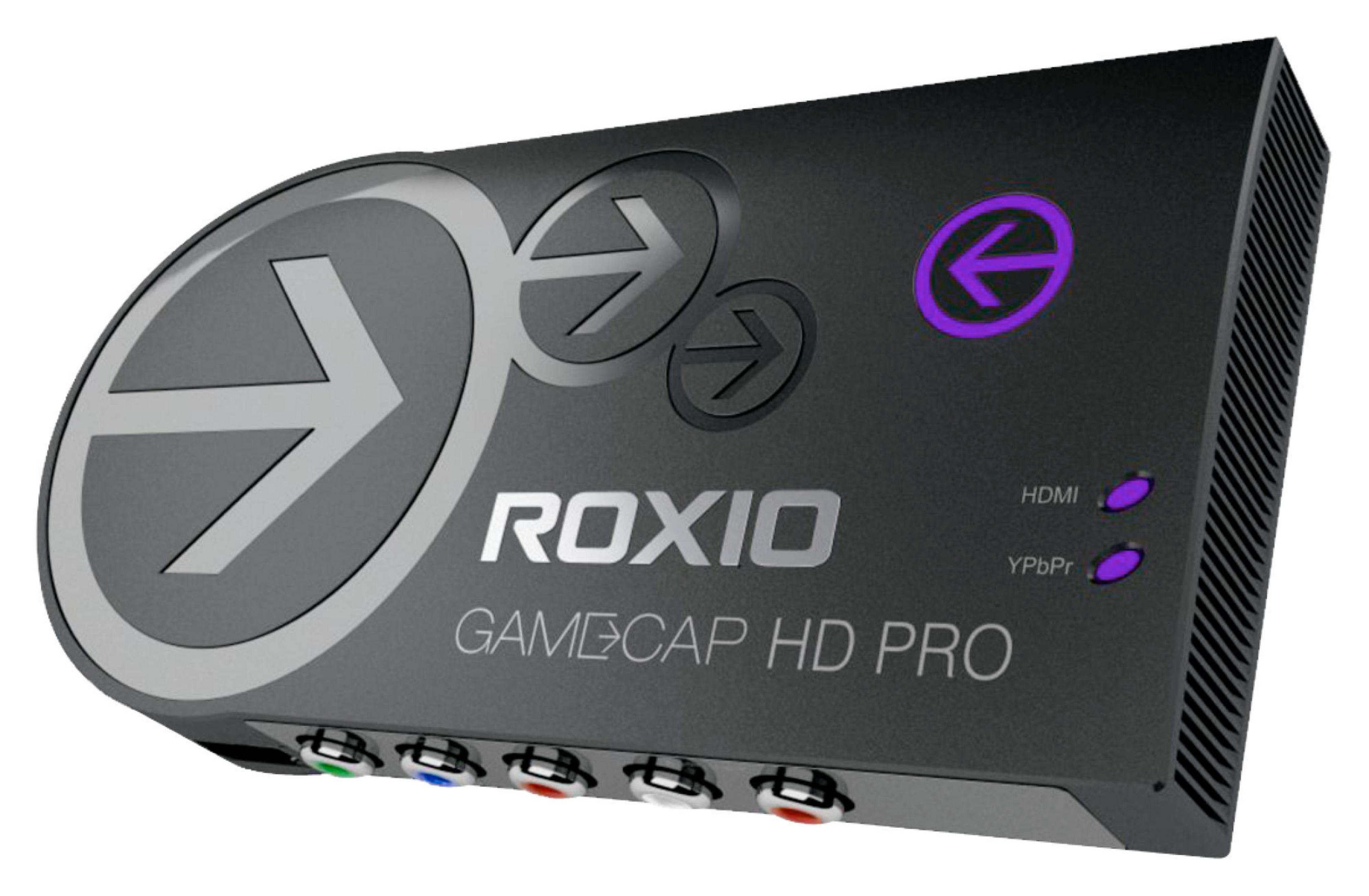 Urządzenie Roxio Gamecap HD PRO. Czarne ze srebrnymi akcentami. Białe tło.