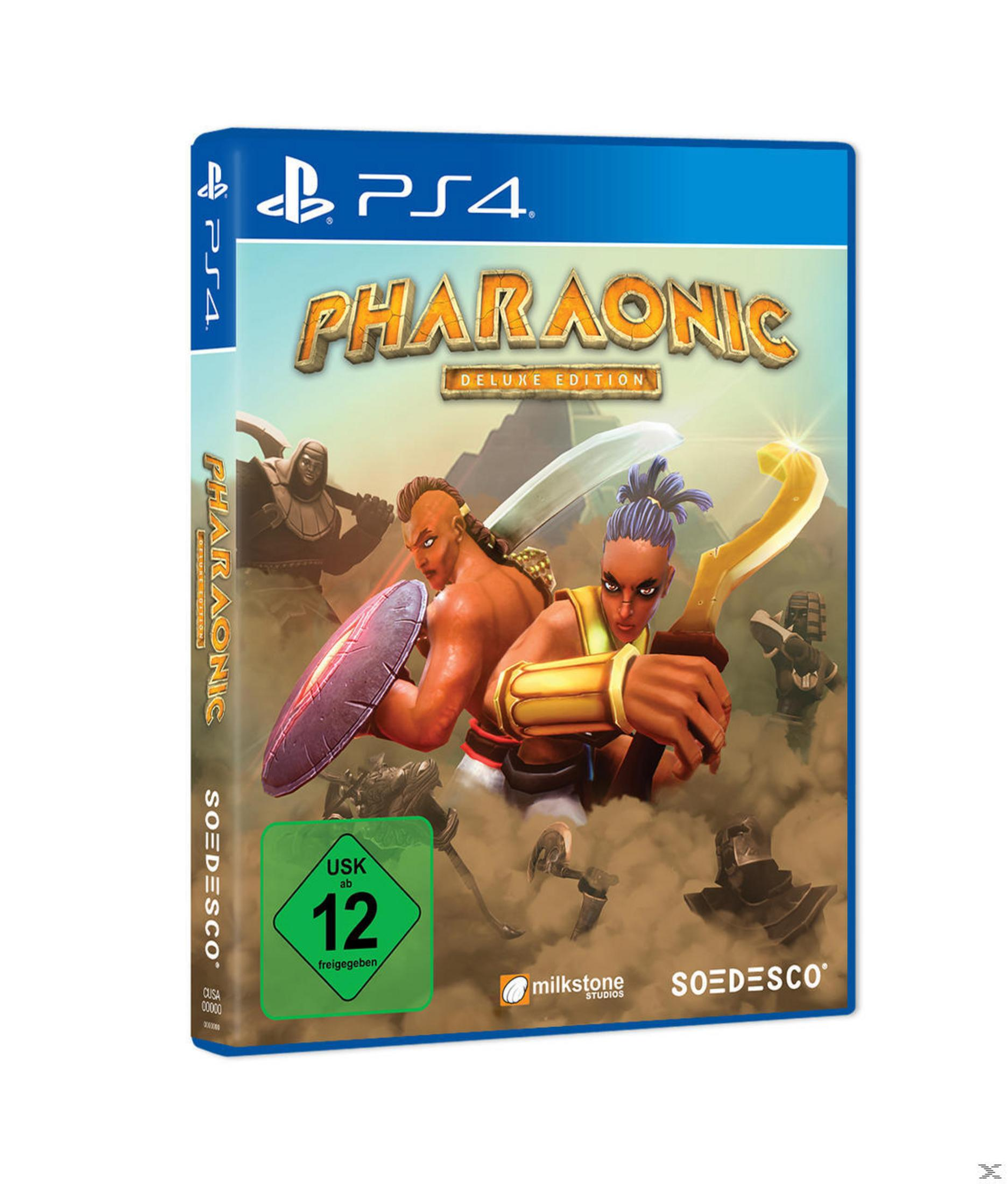 Copertina del gioco 'Pharaonic Deluxe Edition' per PS4, con guerrieri e un sigillo di valutazione verde.