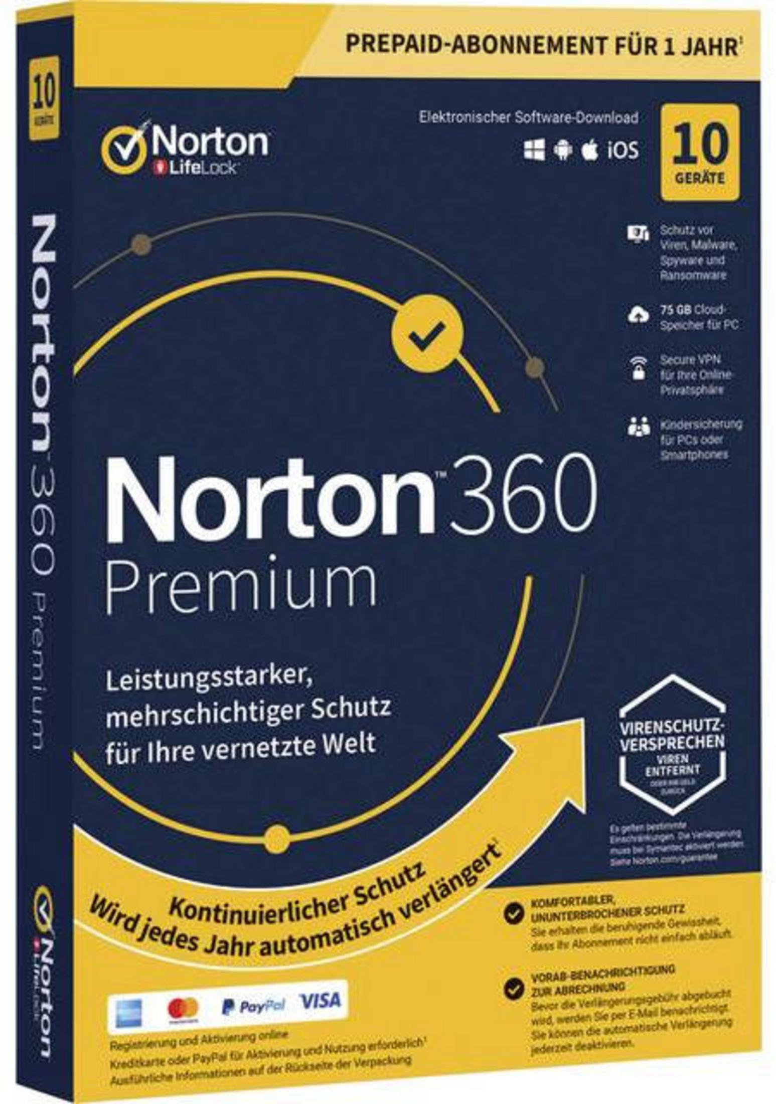 Norton 360 Premium Softwarebox. Zeigt Produktname und Funktionen. Blaue und gelbe Farben.