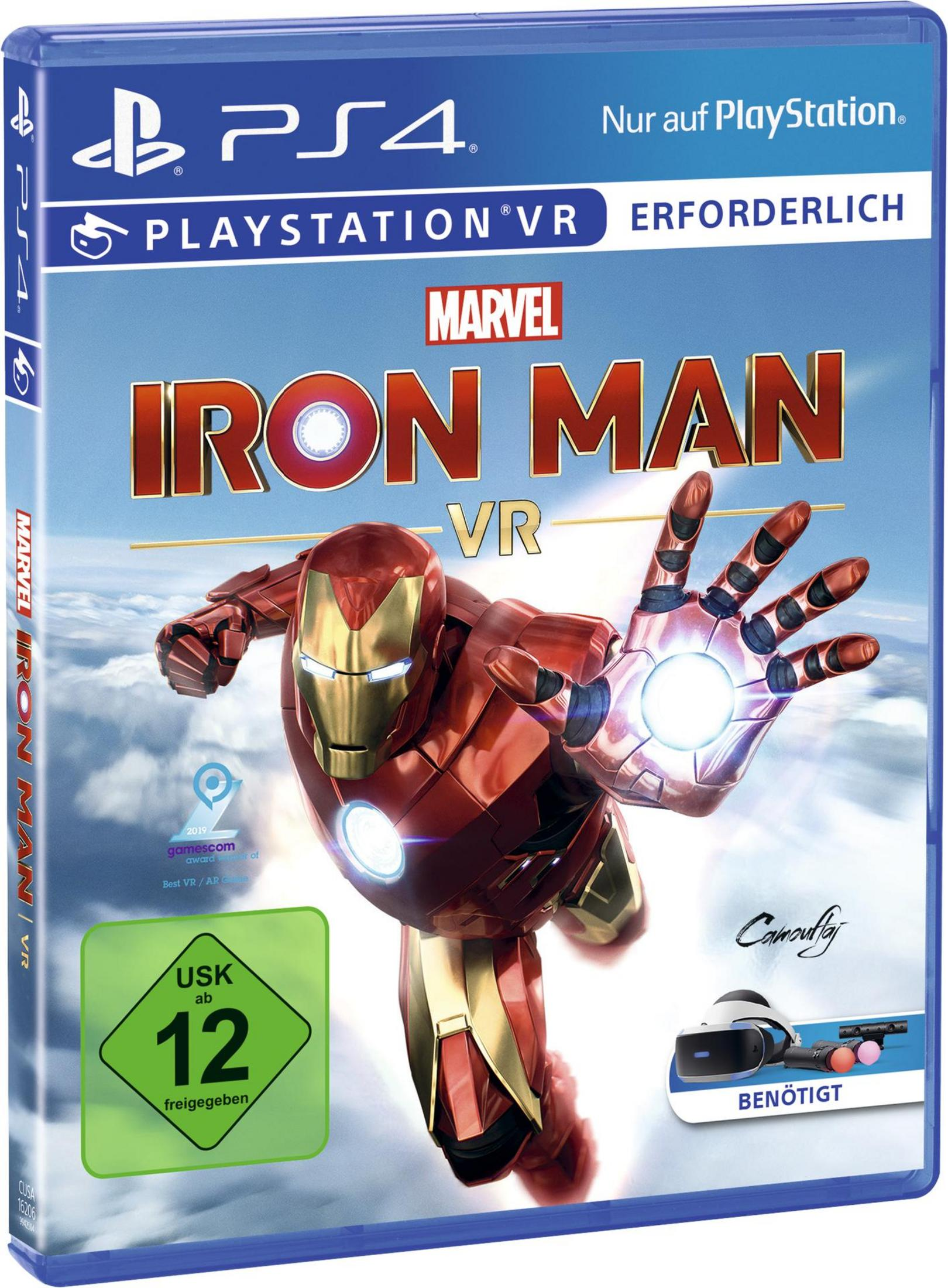 Iron Man VR-Spielbox. Iron Man in roter Rüstung, schießt Energie.