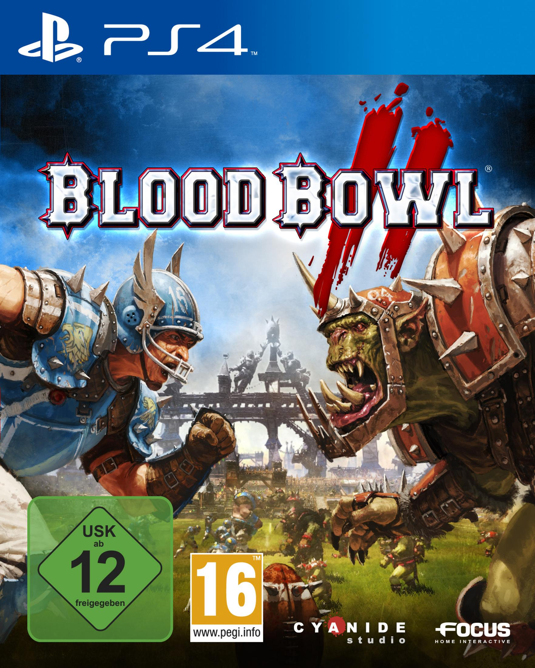 Blood Bowl 2-Spielcover. Zeigt zwei Figuren in Kampfhaltung. Der Spieletitel wird angezeigt.