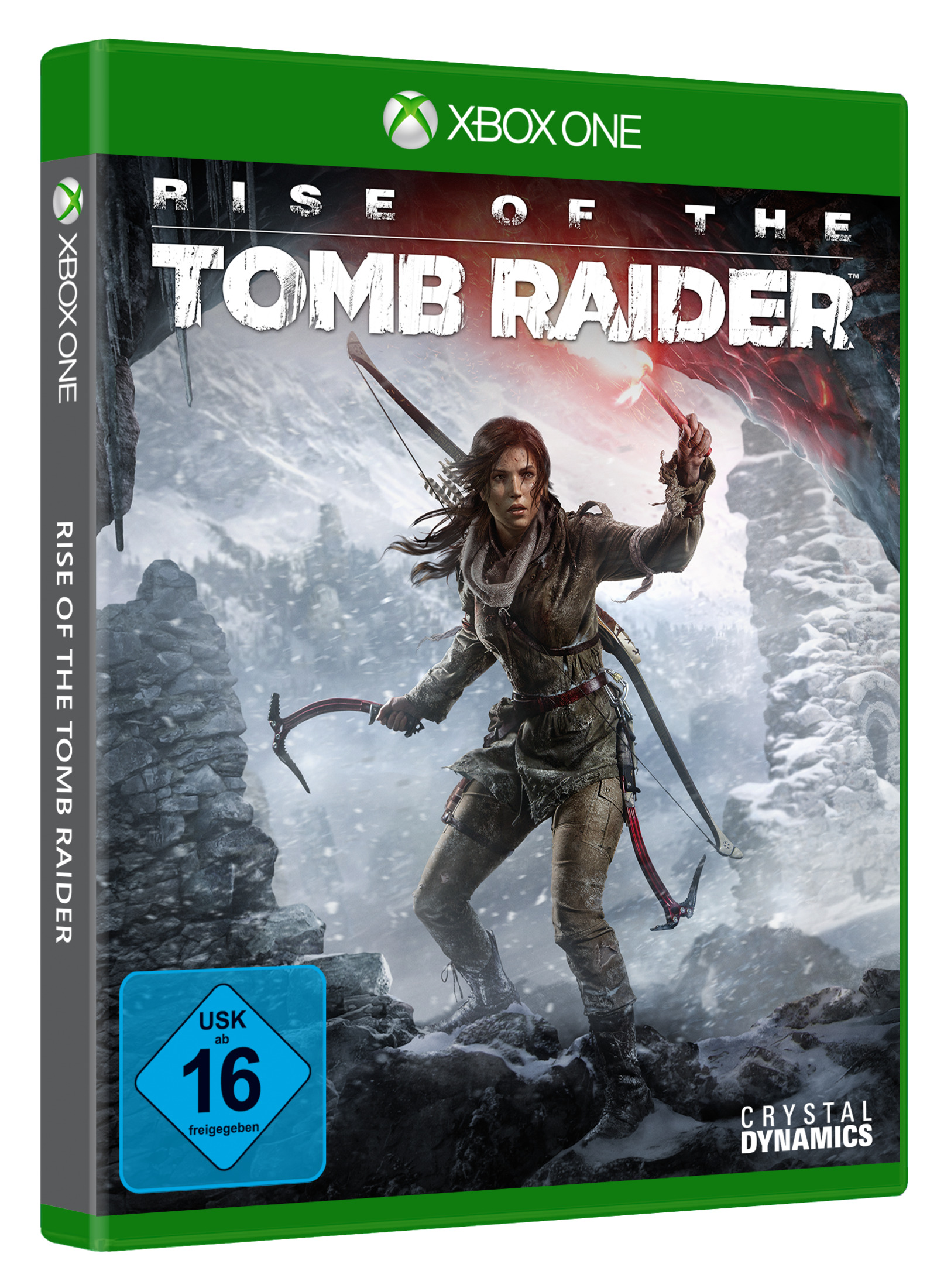 Xbox One-Spielbox für 'Rise of the Tomb Raider'. Enthält Lara Croft in einer schneebedeckten Umgebung, Waffen haltend.