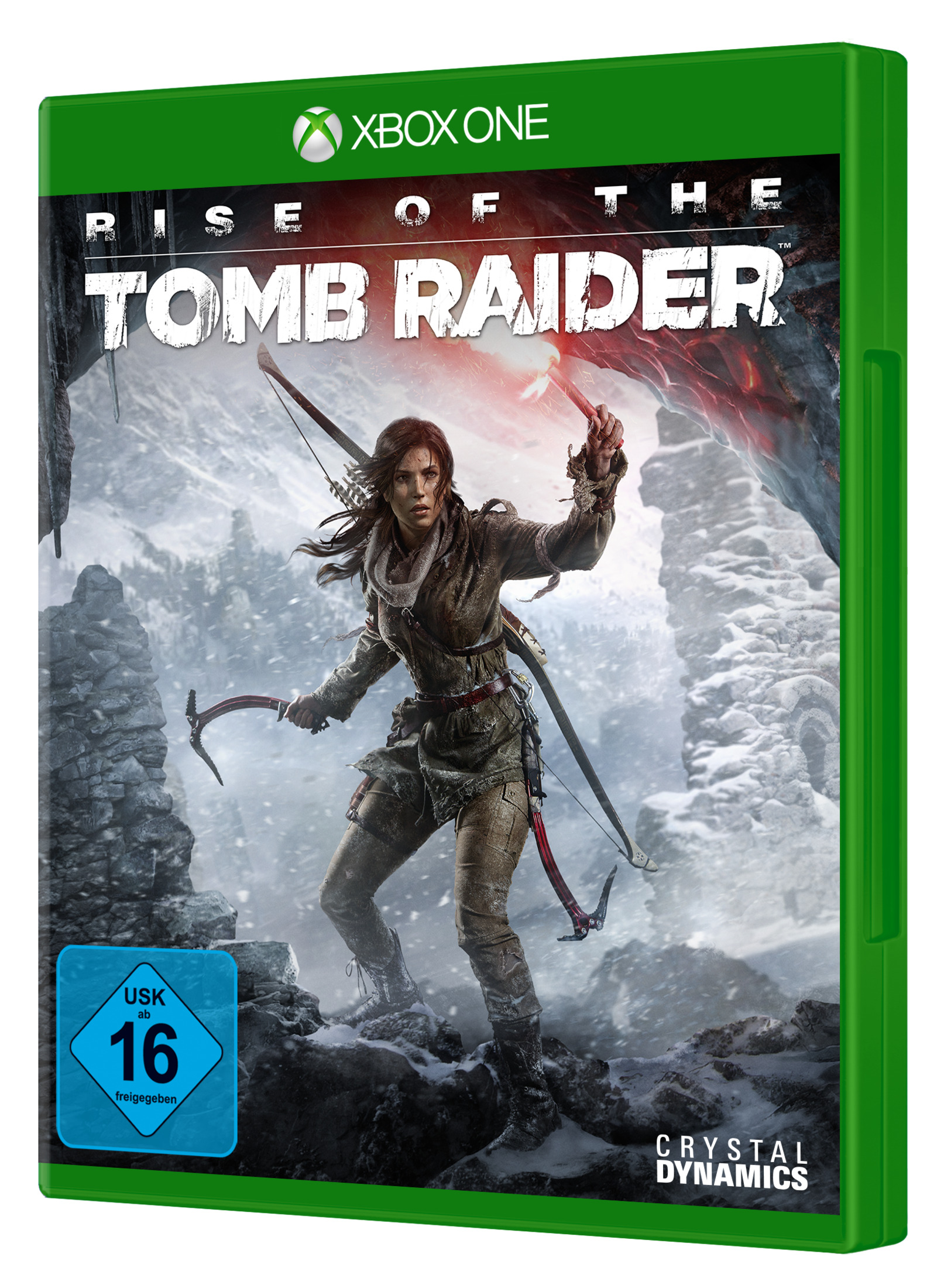 Das Videospiel-Box-Art von 'Rise of the Tomb Raider' zeigt eine Frau in schneebedeckten Bergen mit einem Bogen.