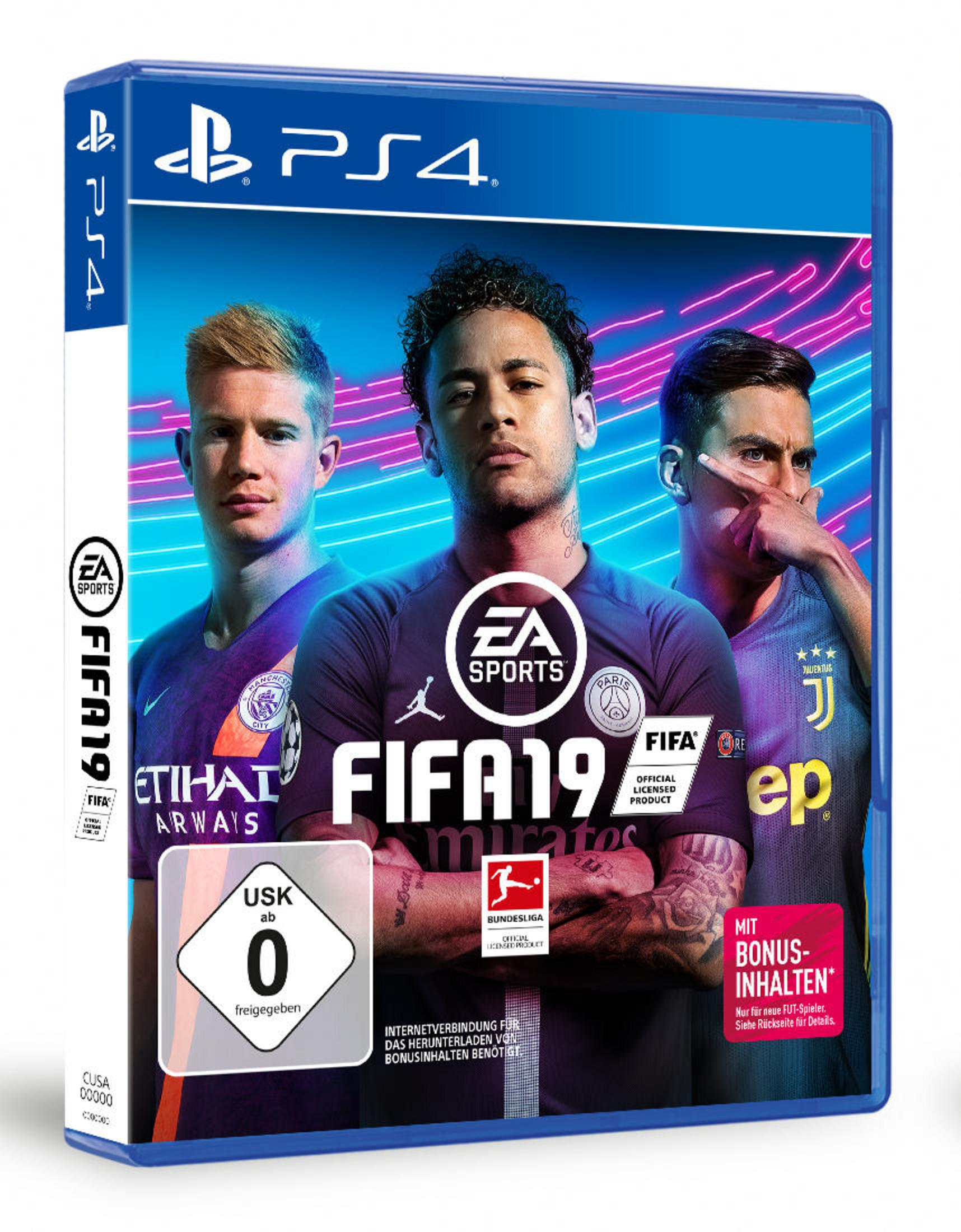 FIFA 19 PS4 Spielbox mit drei Fußballspielern auf dem Cover.