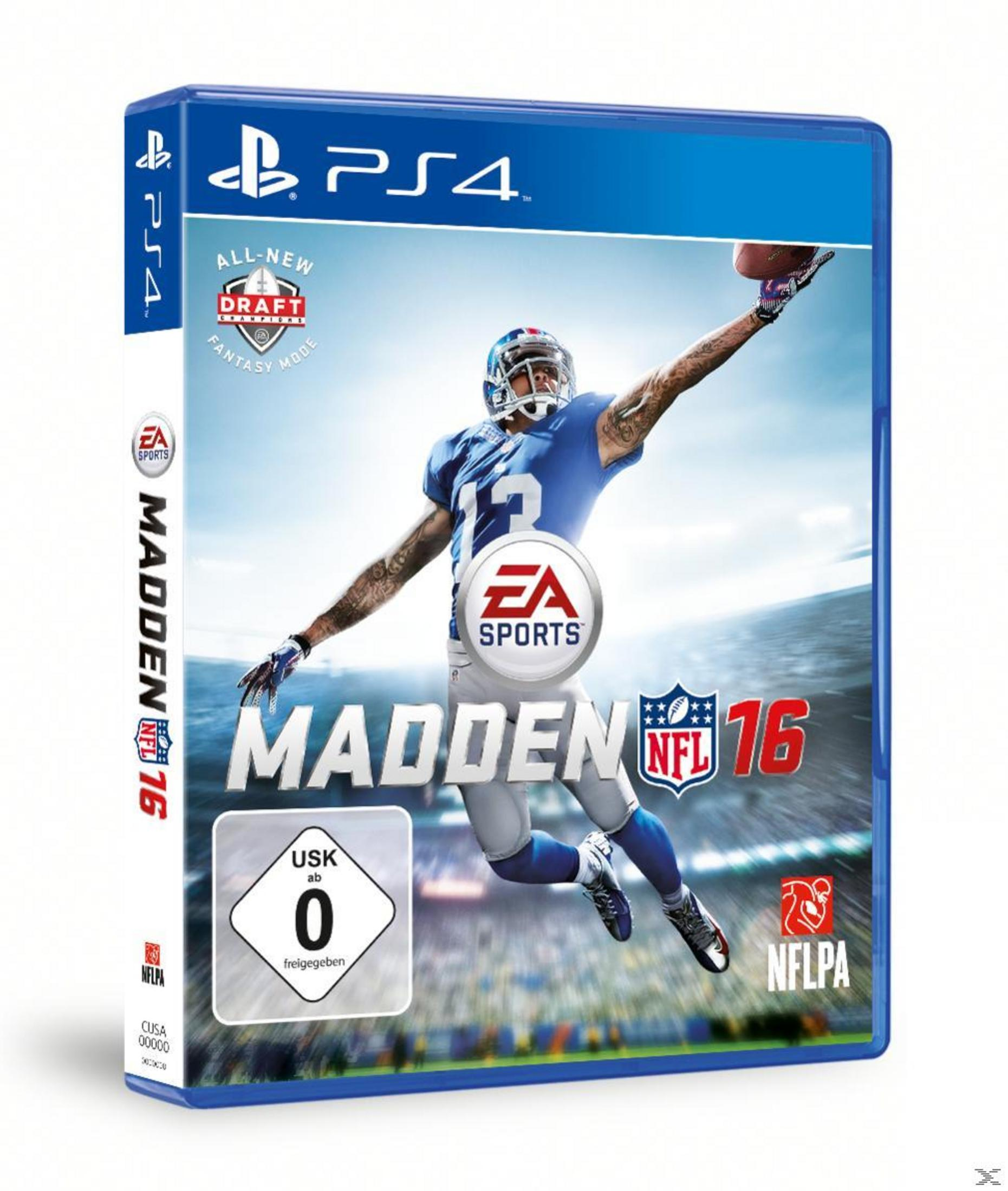 Scatola del gioco Madden NFL 16 PS4 con giocatore di football americano in azione.