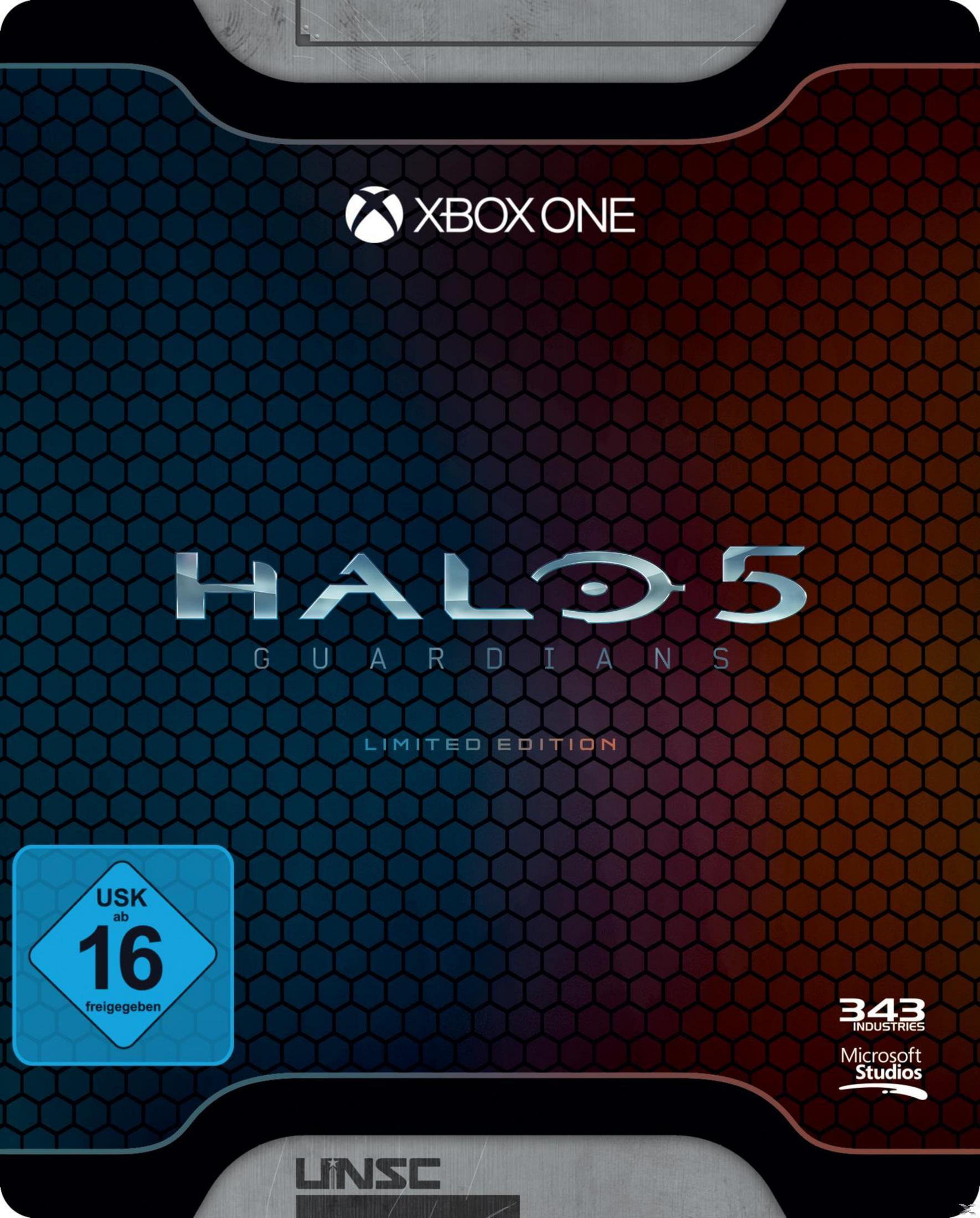 Halo 5: Guardians-Spielcover. Es hat einen dunklen Hintergrund mit XBOX ONE und USK 16 Logos.