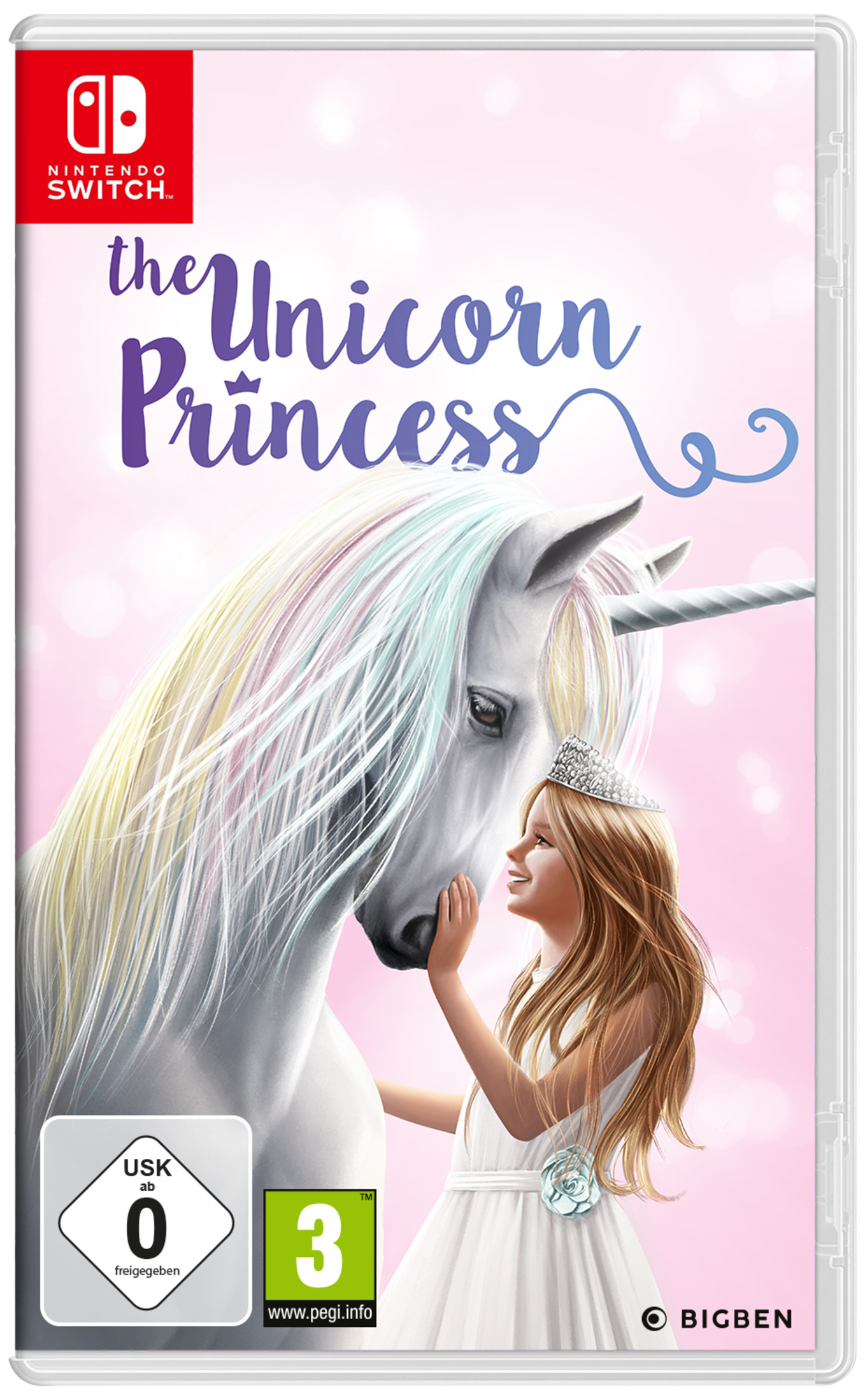 The Unicorn Princess Spielcover. Mädchen berührt das Gesicht eines Einhorns. Rosa Hintergrund, Switch Logo.