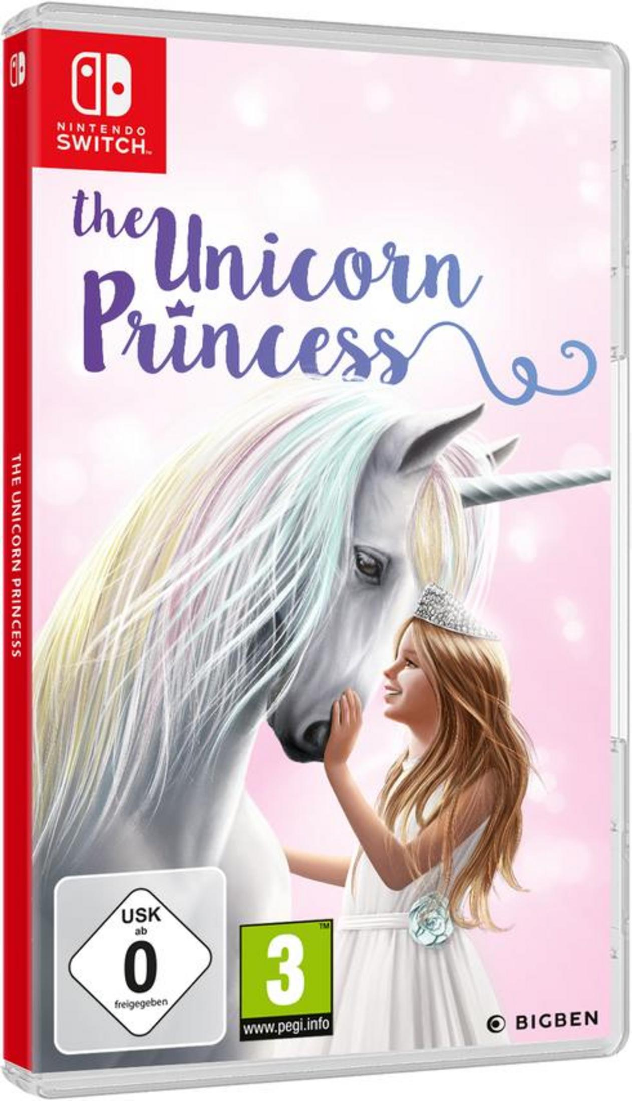 Nintendo Switch Spielbox von The Unicorn Princess. Ein Mädchen berührt das Gesicht eines Einhorns.