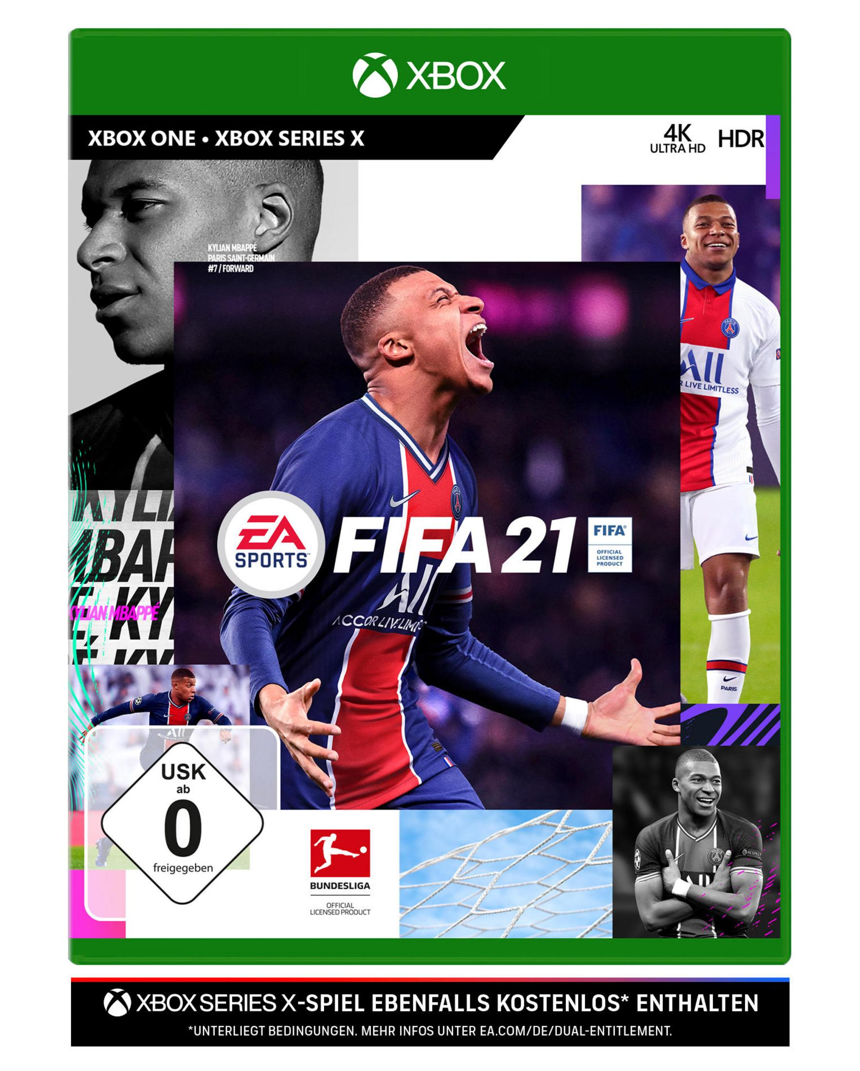 FIFA 21 Spielcover. Mbappe jubelt. Xbox-Logo, Spieldetails und Altersfreigabe sind sichtbar.