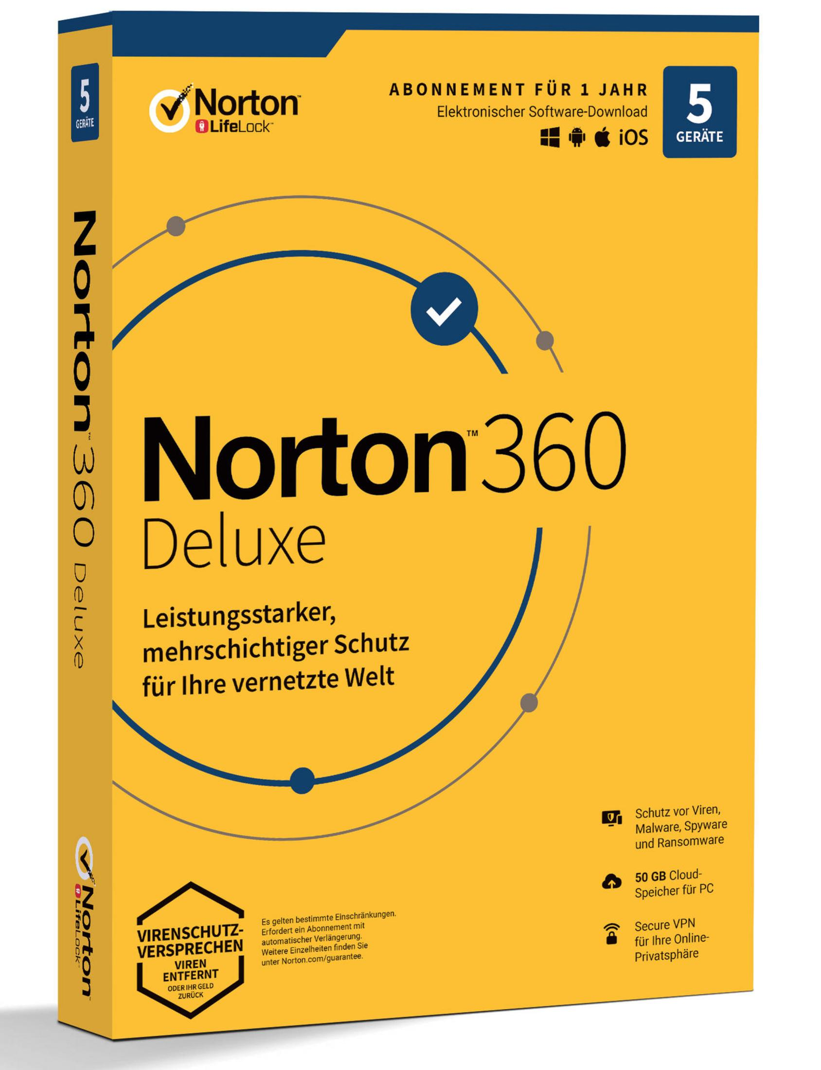 Software-Box: Norton 360 Deluxe. Gelbe Box mit Text und Logos. Zeigt Softwarenamen.
