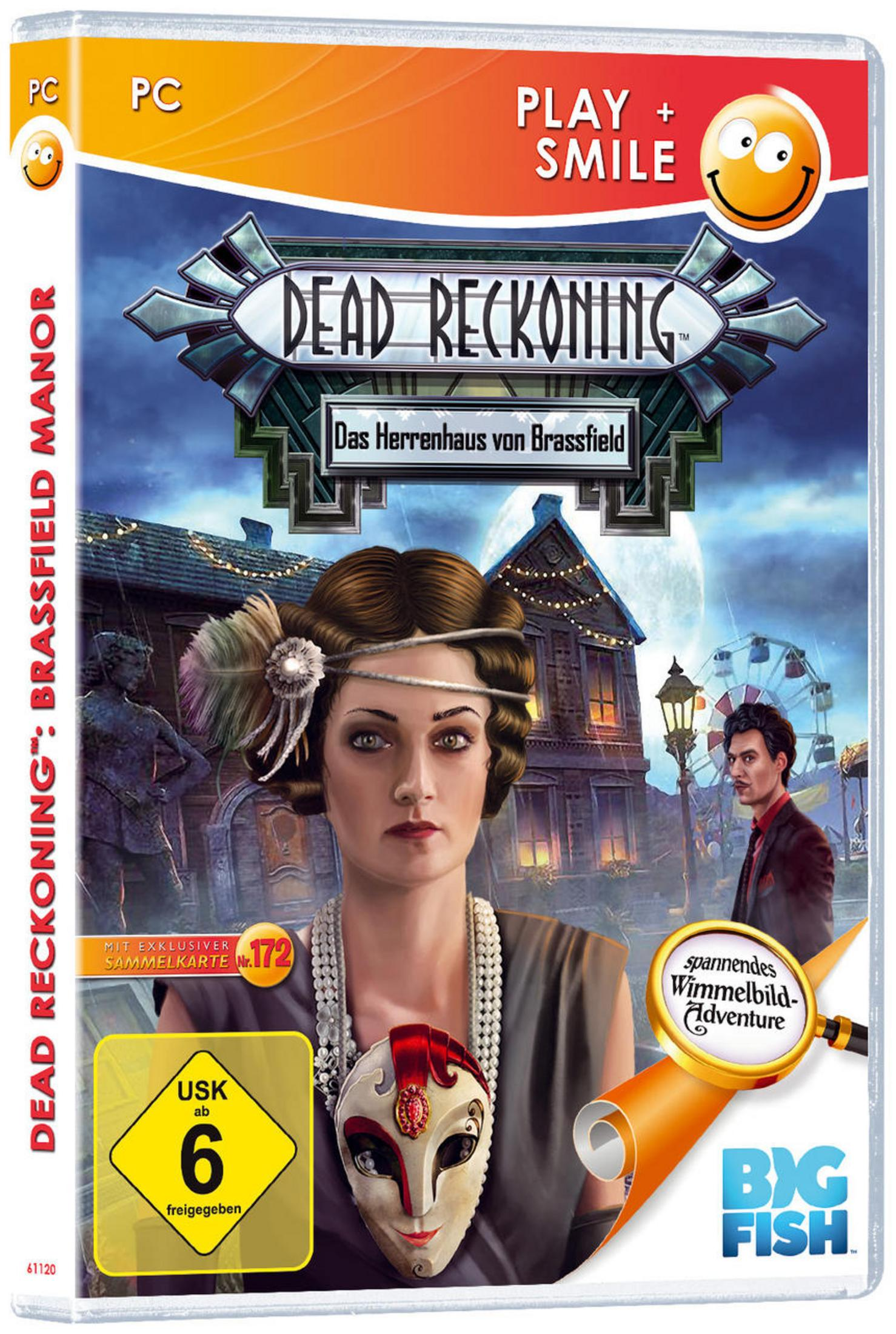 Spielbox-Cover, Dead Reckoning: Brassfield Manor. Eine Frau mit Maske ist vorne.