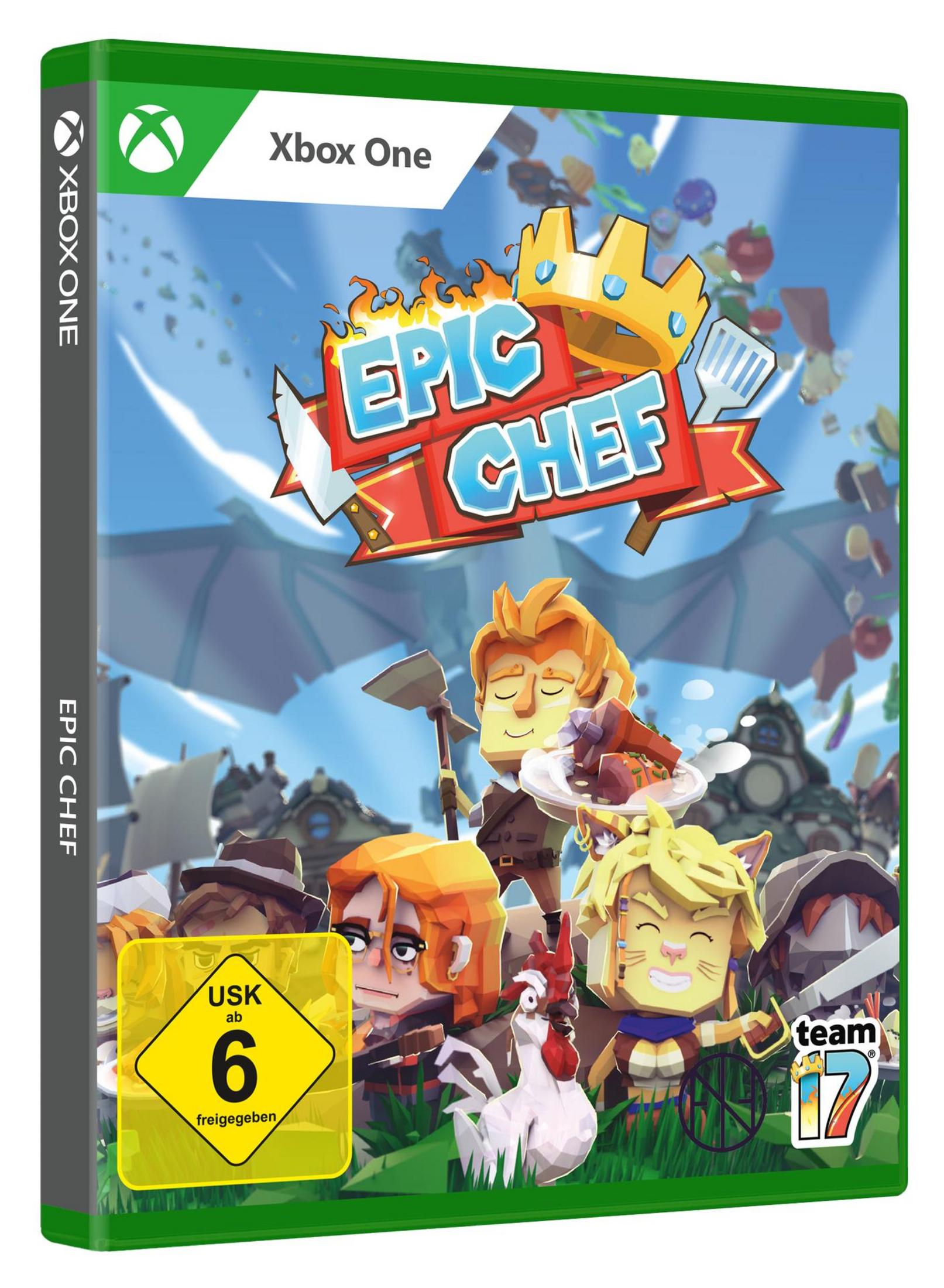 Xbox One Spielhülle: Epic Chef. Charaktere, Flammen und ein Kochhut sind auf dem Cover.